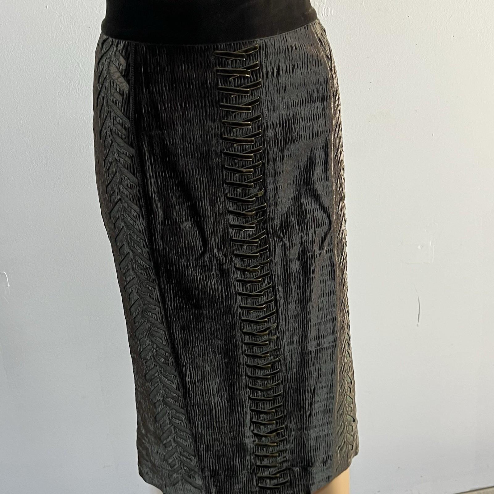 Byron Lars Beauty  Velvet Below The Knee Skirt Lace Size M Dark Green Bodycon