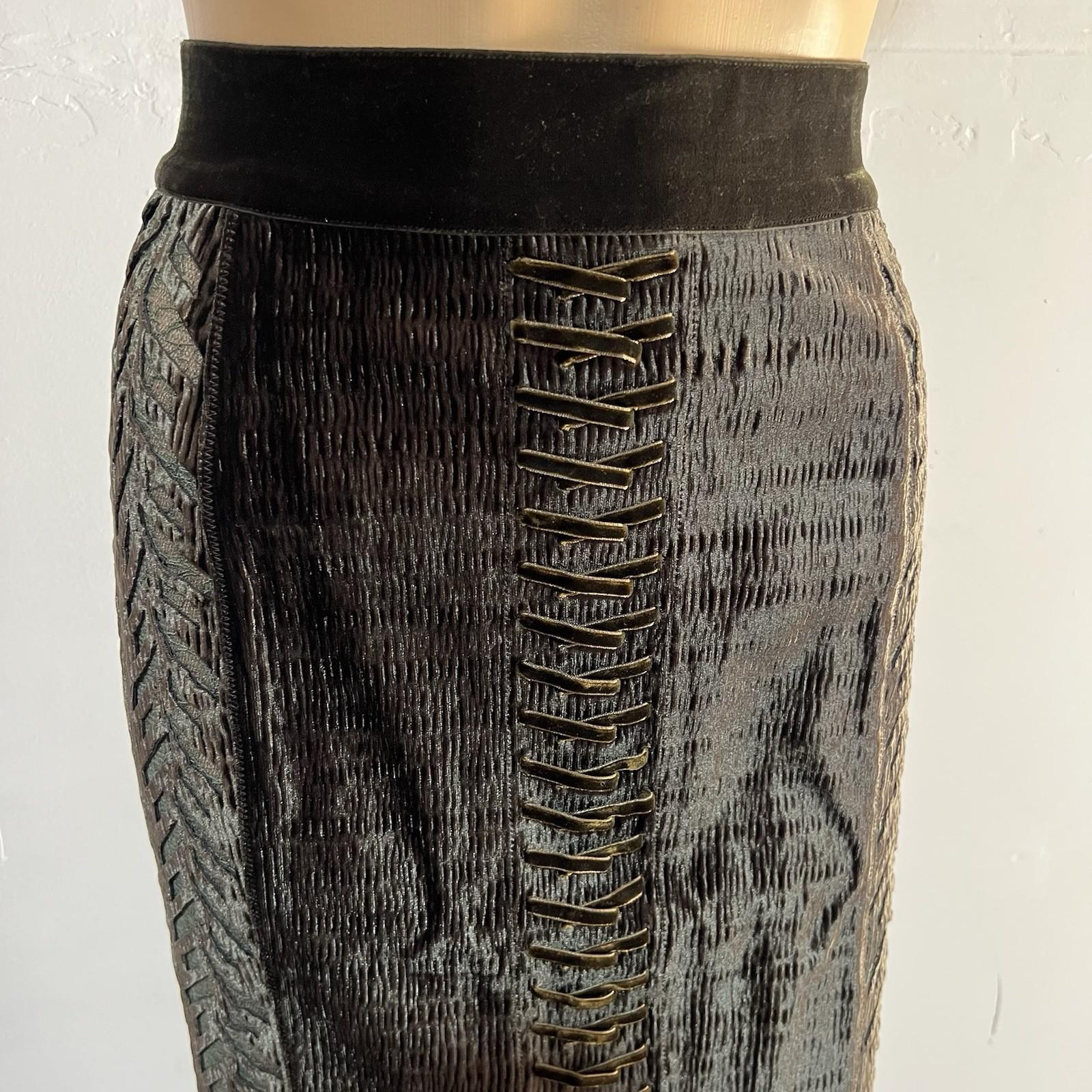 Byron Lars Beauty  Velvet Below The Knee Skirt Lace Size M Dark Green Bodycon