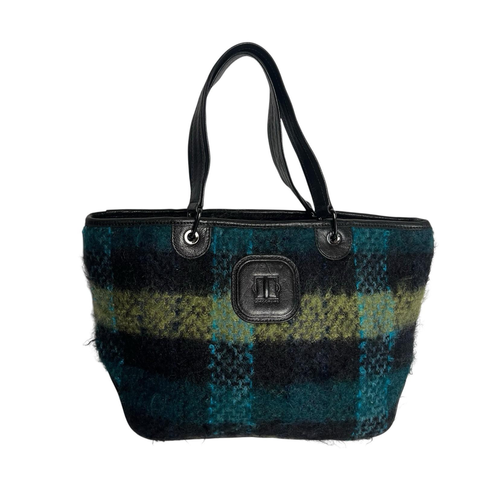 Longchamp Bi Gao plaid pattern Mohair  Leather Green Shopper Bag Tote