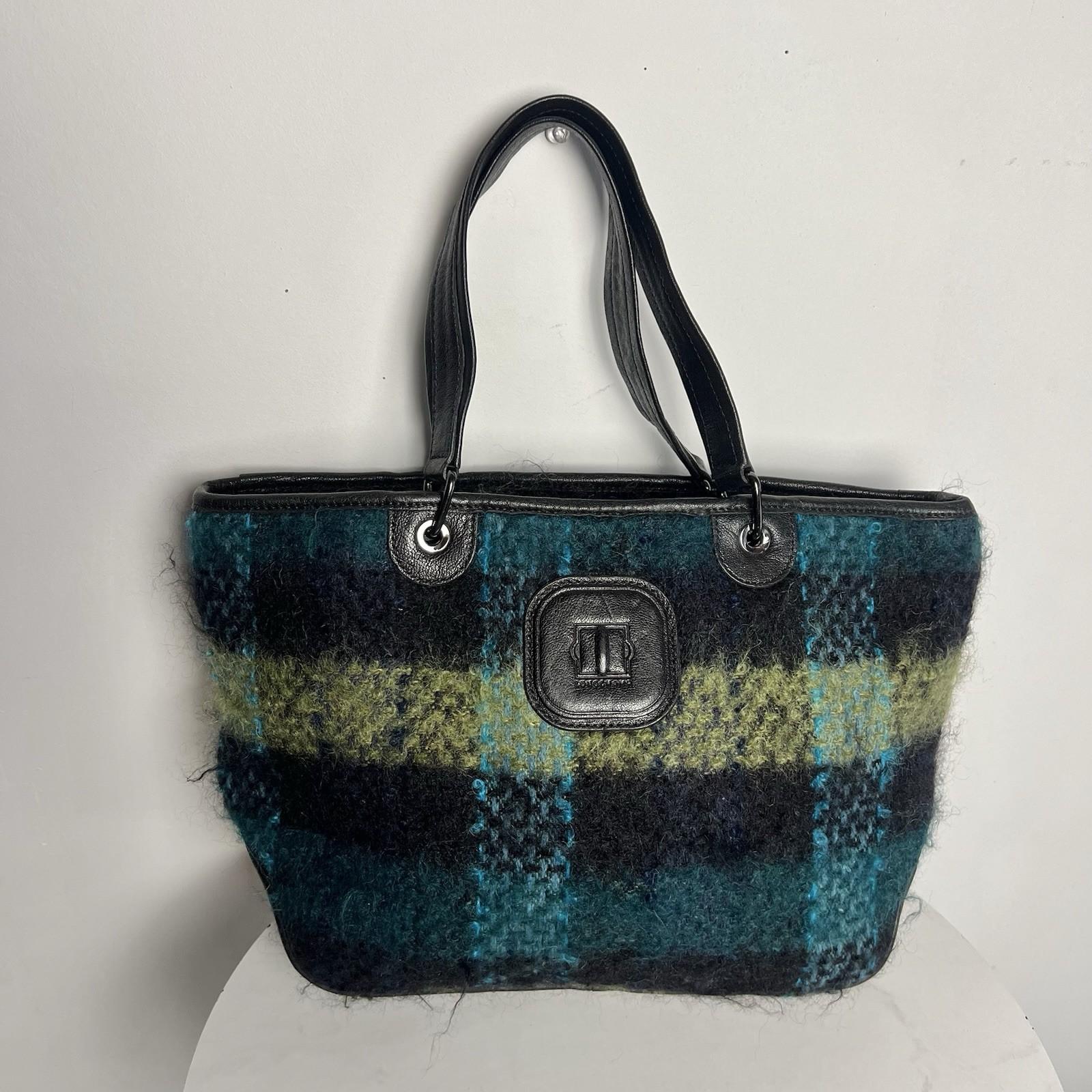 Longchamp Bi Gao plaid pattern Mohair  Leather Green Shopper Bag Tote