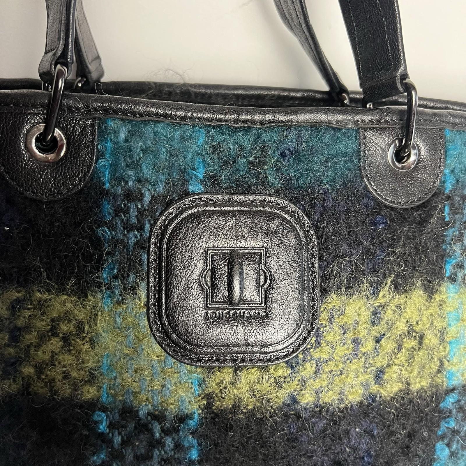 Longchamp Bi Gao plaid pattern Mohair  Leather Green Shopper Bag Tote