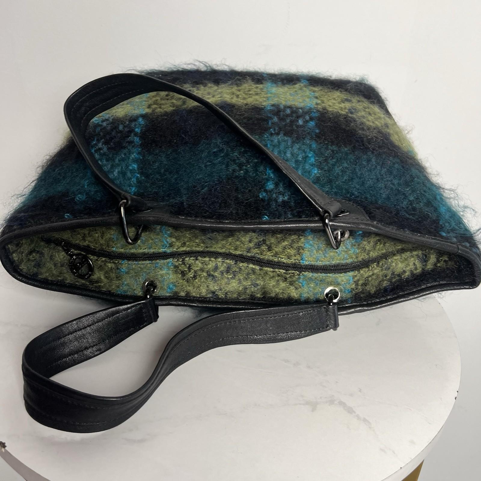 Longchamp Bi Gao plaid pattern Mohair  Leather Green Shopper Bag Tote