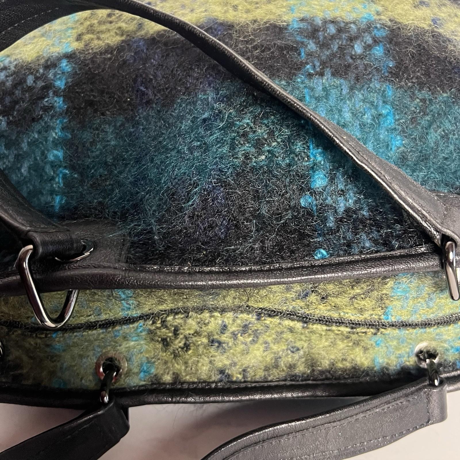 Longchamp Bi Gao plaid pattern Mohair  Leather Green Shopper Bag Tote