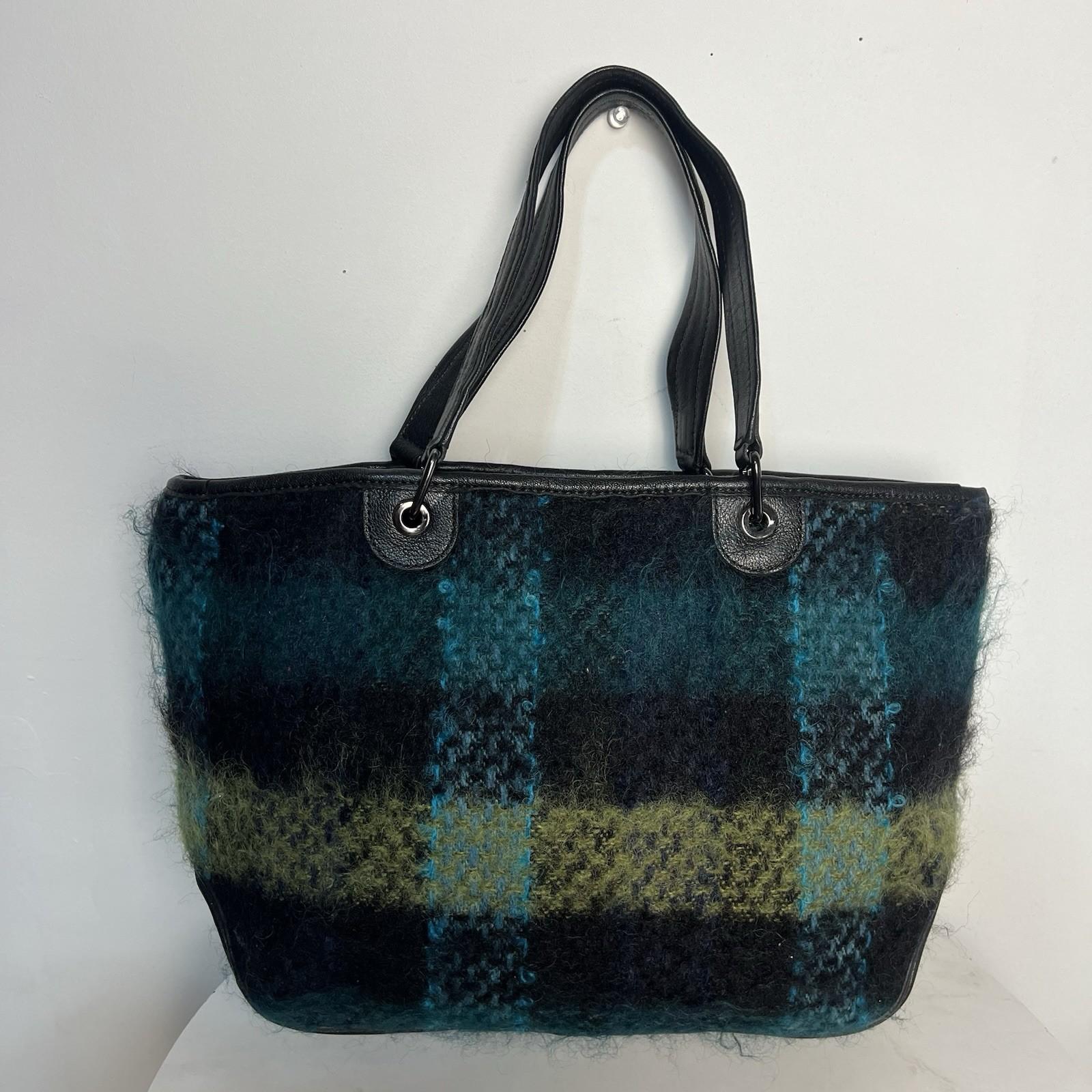 Longchamp Bi Gao plaid pattern Mohair  Leather Green Shopper Bag Tote