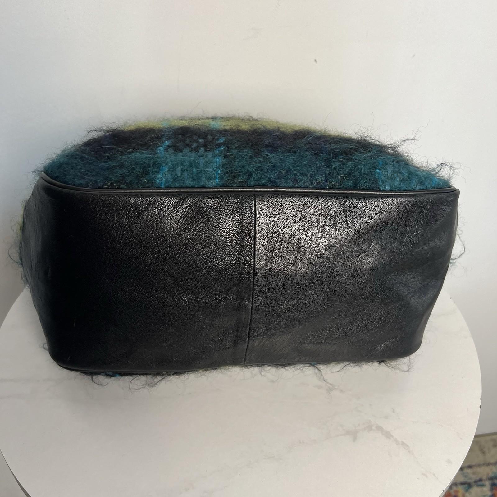 Longchamp Bi Gao plaid pattern Mohair  Leather Green Shopper Bag Tote