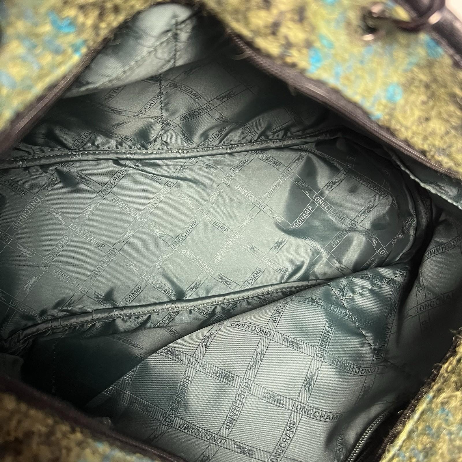 Longchamp Bi Gao plaid pattern Mohair  Leather Green Shopper Bag Tote