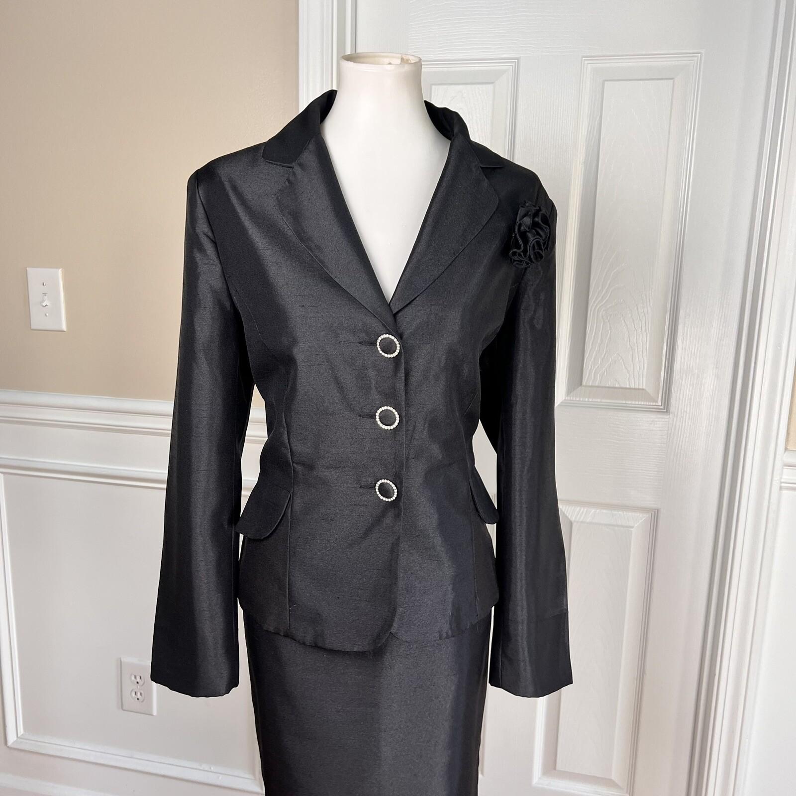 DANILLO Skirt Suit Size 14 Polyester Black Lined Single Breasted Tiered 2PC