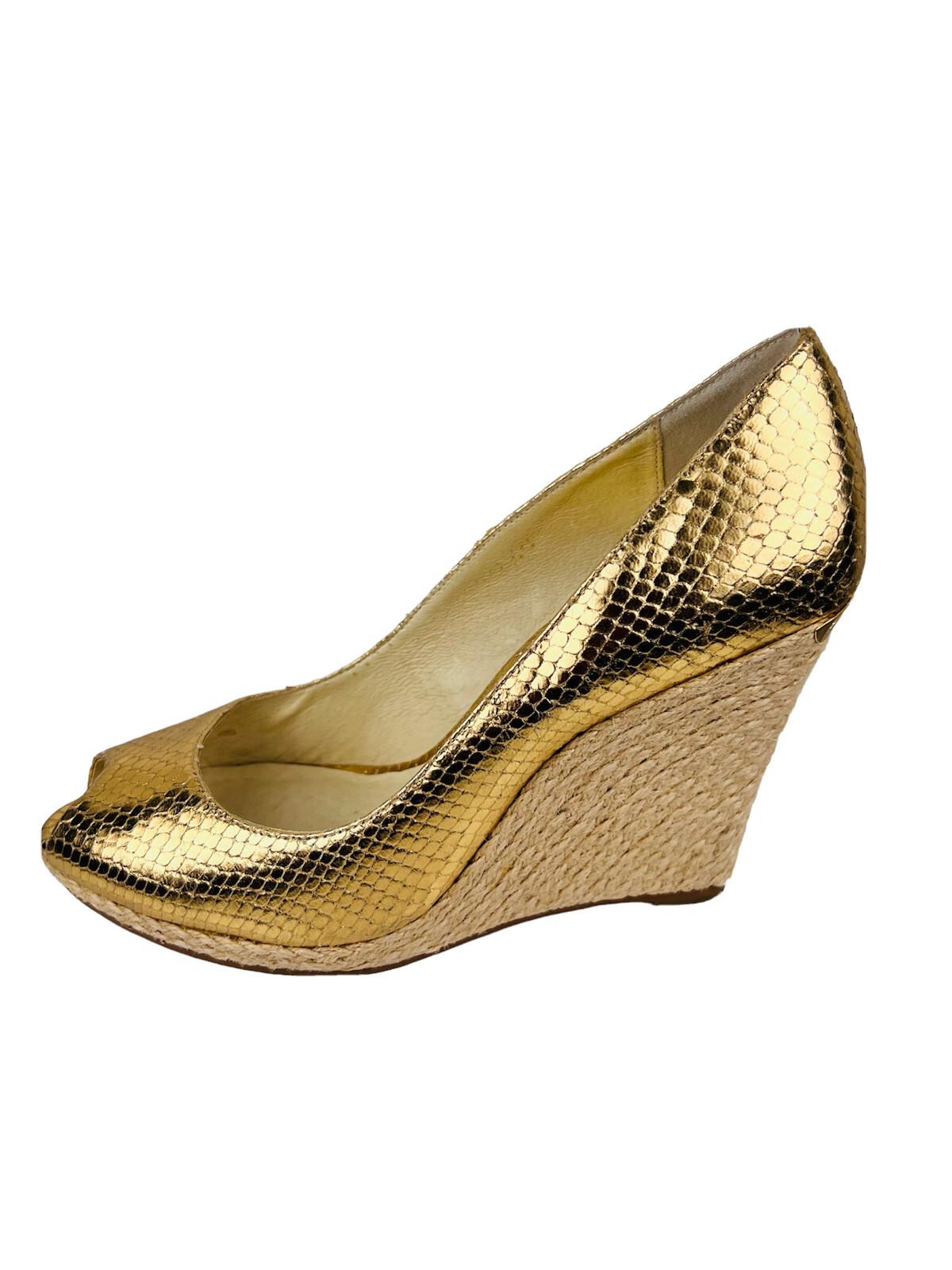 MICHAEL KORS Gold Leather Espadrille Wedge Slip On Peep Toes Pumps Shoes Size 9M
