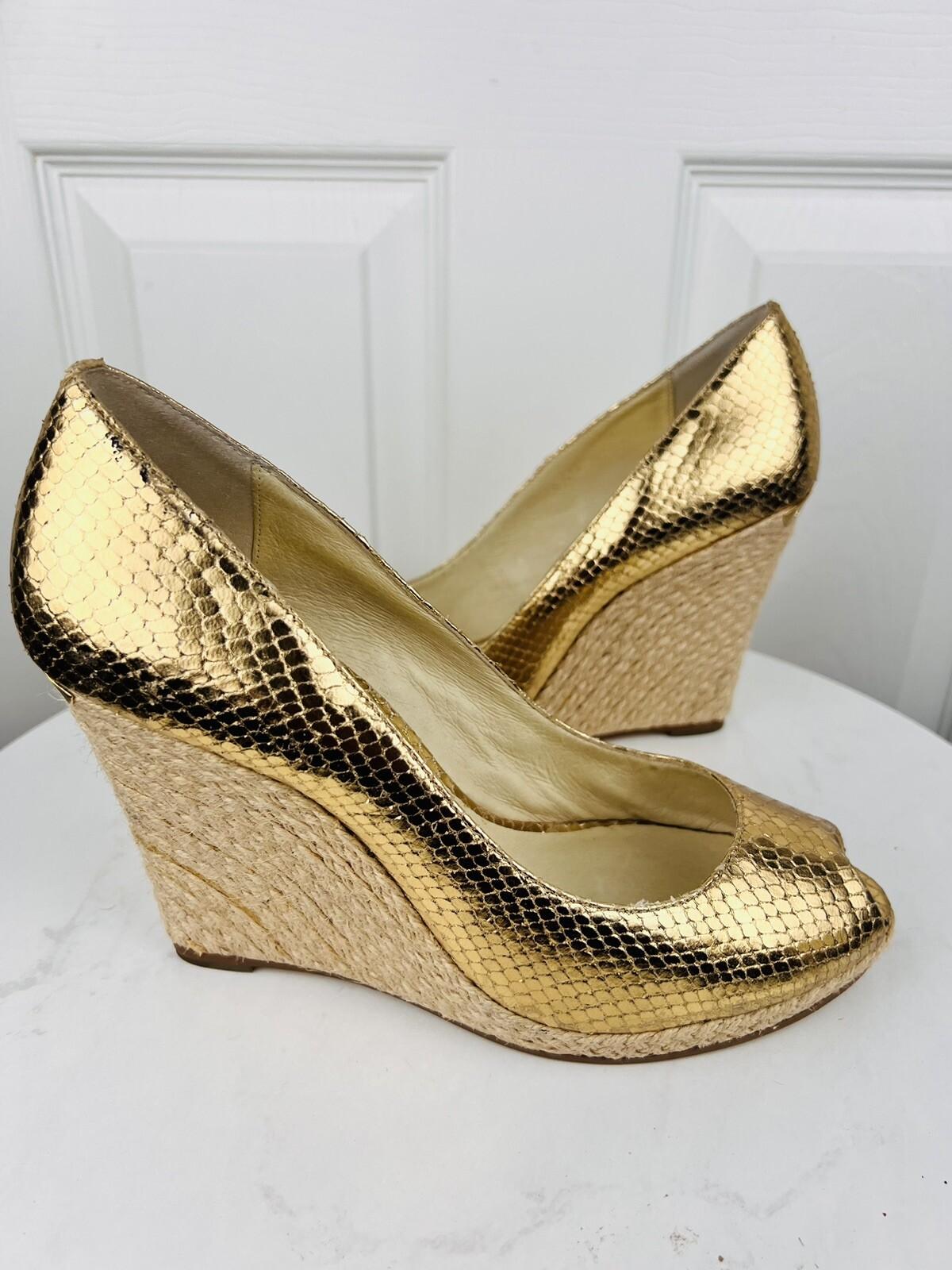 MICHAEL KORS Gold Leather Espadrille Wedge Slip On Peep Toes Pumps Shoes Size 9M