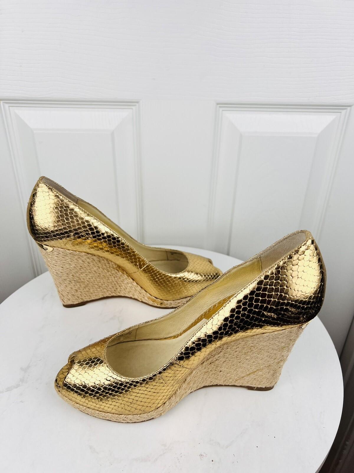 MICHAEL KORS Gold Leather Espadrille Wedge Slip On Peep Toes Pumps Shoes Size 9M