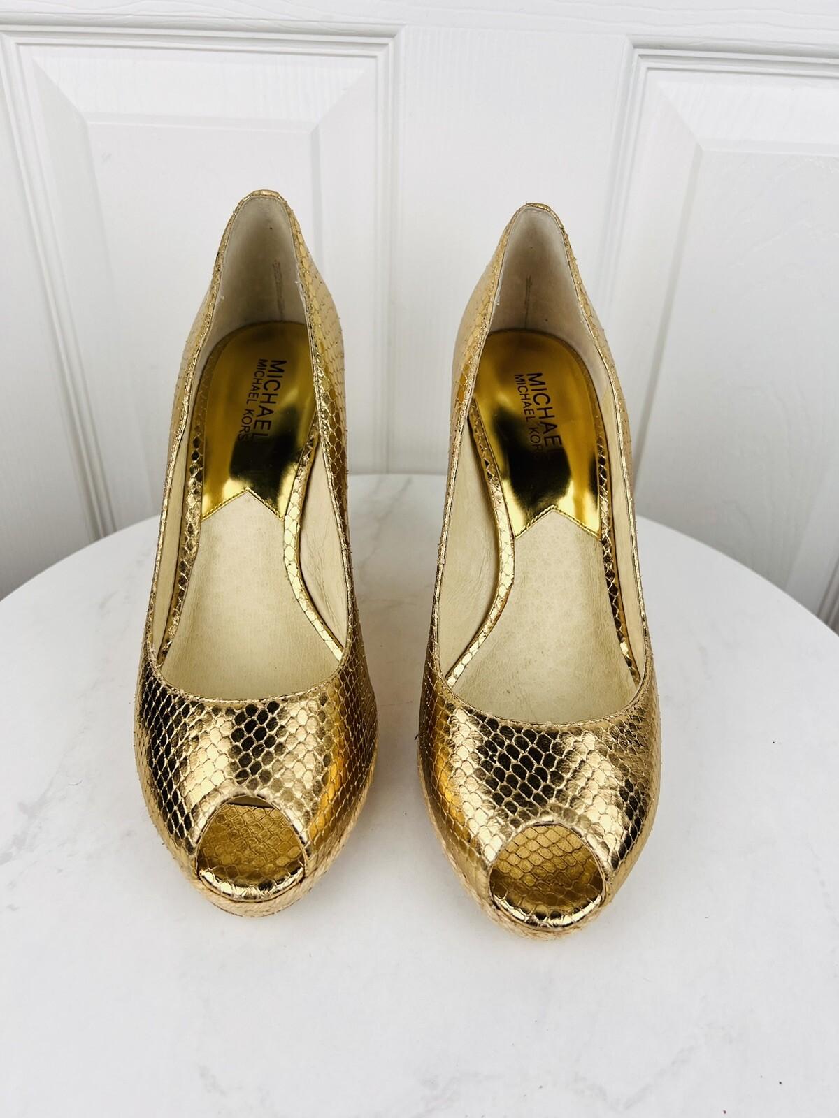 MICHAEL KORS Gold Leather Espadrille Wedge Slip On Peep Toes Pumps Shoes Size 9M
