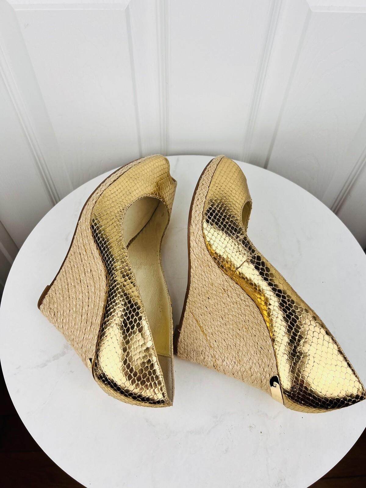 MICHAEL KORS Gold Leather Espadrille Wedge Slip On Peep Toes Pumps Shoes Size 9M