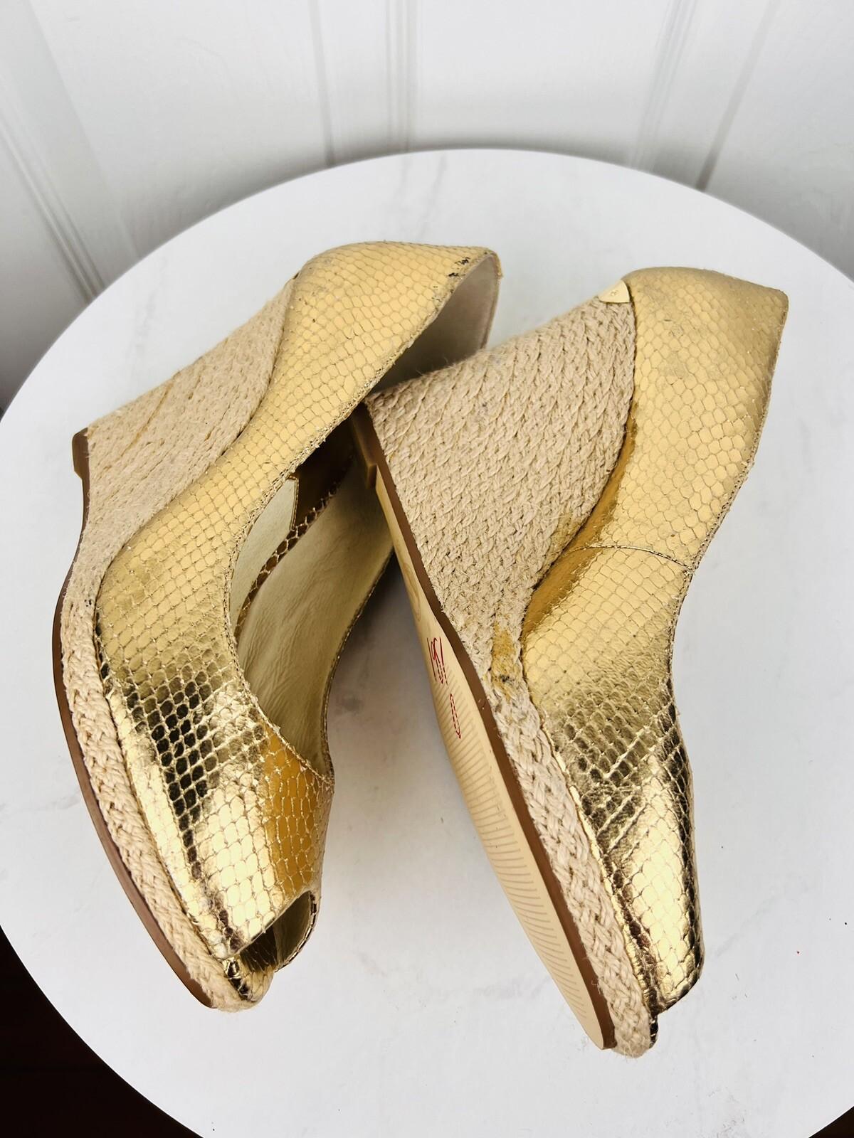 MICHAEL KORS Gold Leather Espadrille Wedge Slip On Peep Toes Pumps Shoes Size 9M