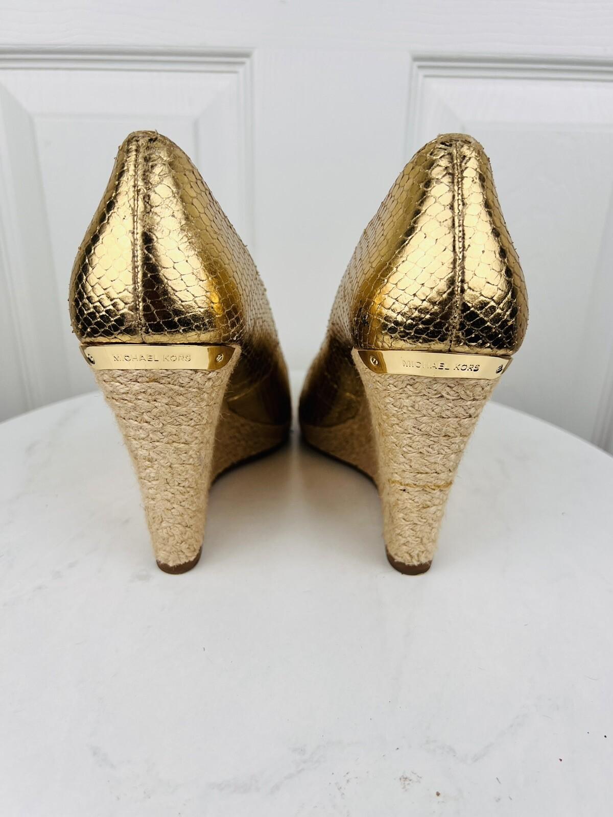 MICHAEL KORS Gold Leather Espadrille Wedge Slip On Peep Toes Pumps Shoes Size 9M