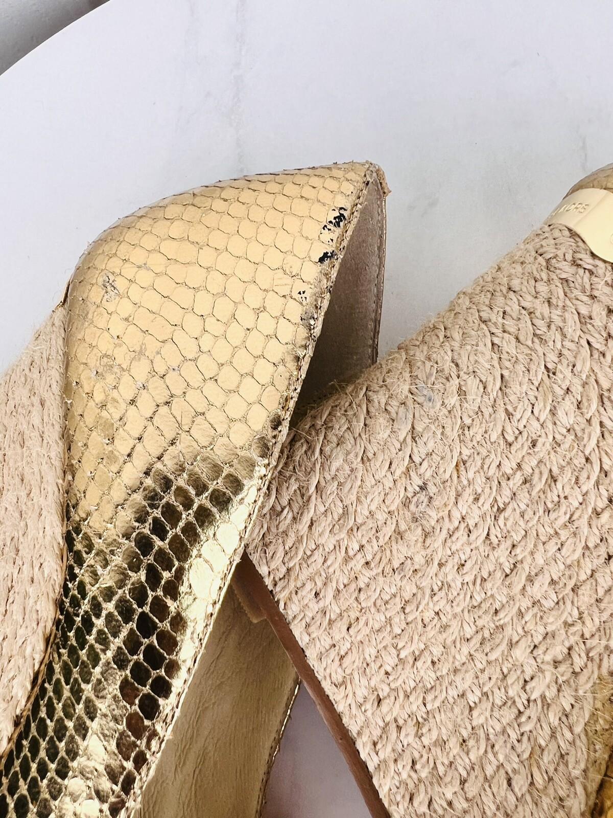 MICHAEL KORS Gold Leather Espadrille Wedge Slip On Peep Toes Pumps Shoes Size 9M