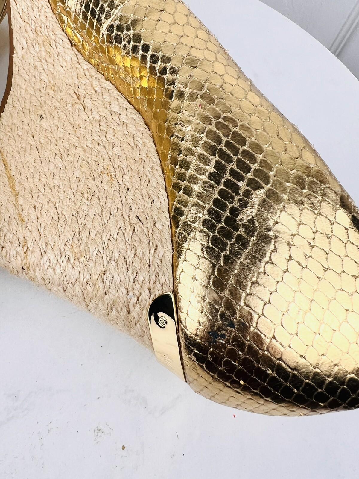 MICHAEL KORS Gold Leather Espadrille Wedge Slip On Peep Toes Pumps Shoes Size 9M