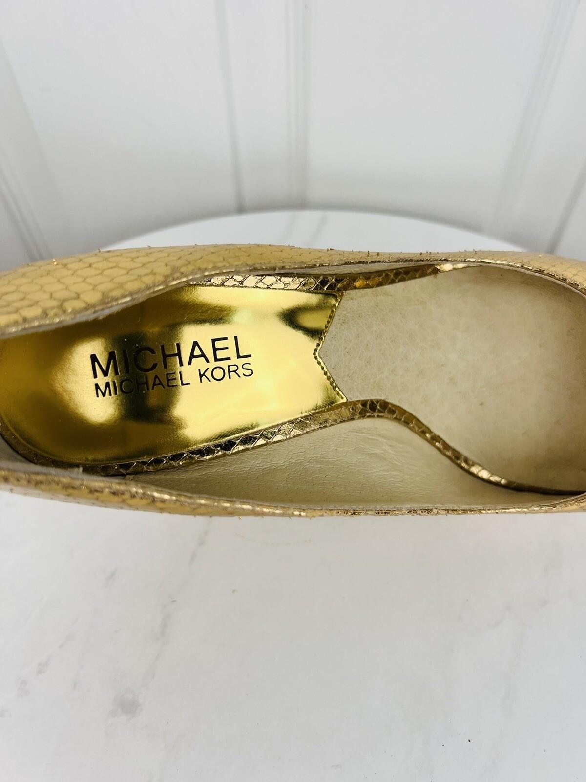 MICHAEL KORS Gold Leather Espadrille Wedge Slip On Peep Toes Pumps Shoes Size 9M