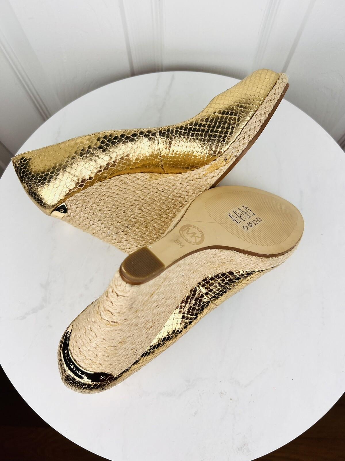 MICHAEL KORS Gold Leather Espadrille Wedge Slip On Peep Toes Pumps Shoes Size 9M