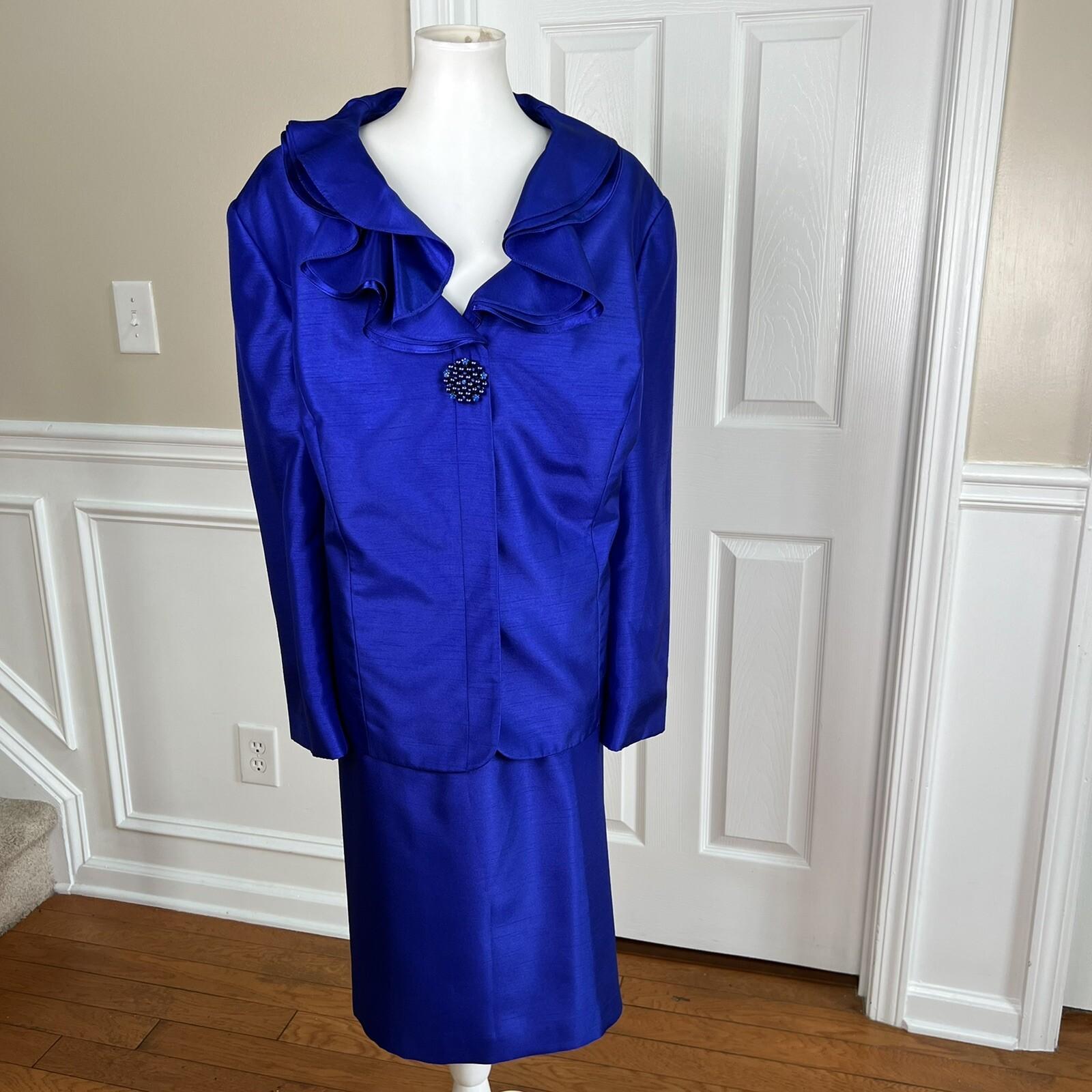 10-7685.jpg JOHN MEYER 2PC Polyester Skirt Suit Size 24W Indigo Lined Notch Collar Ruffle