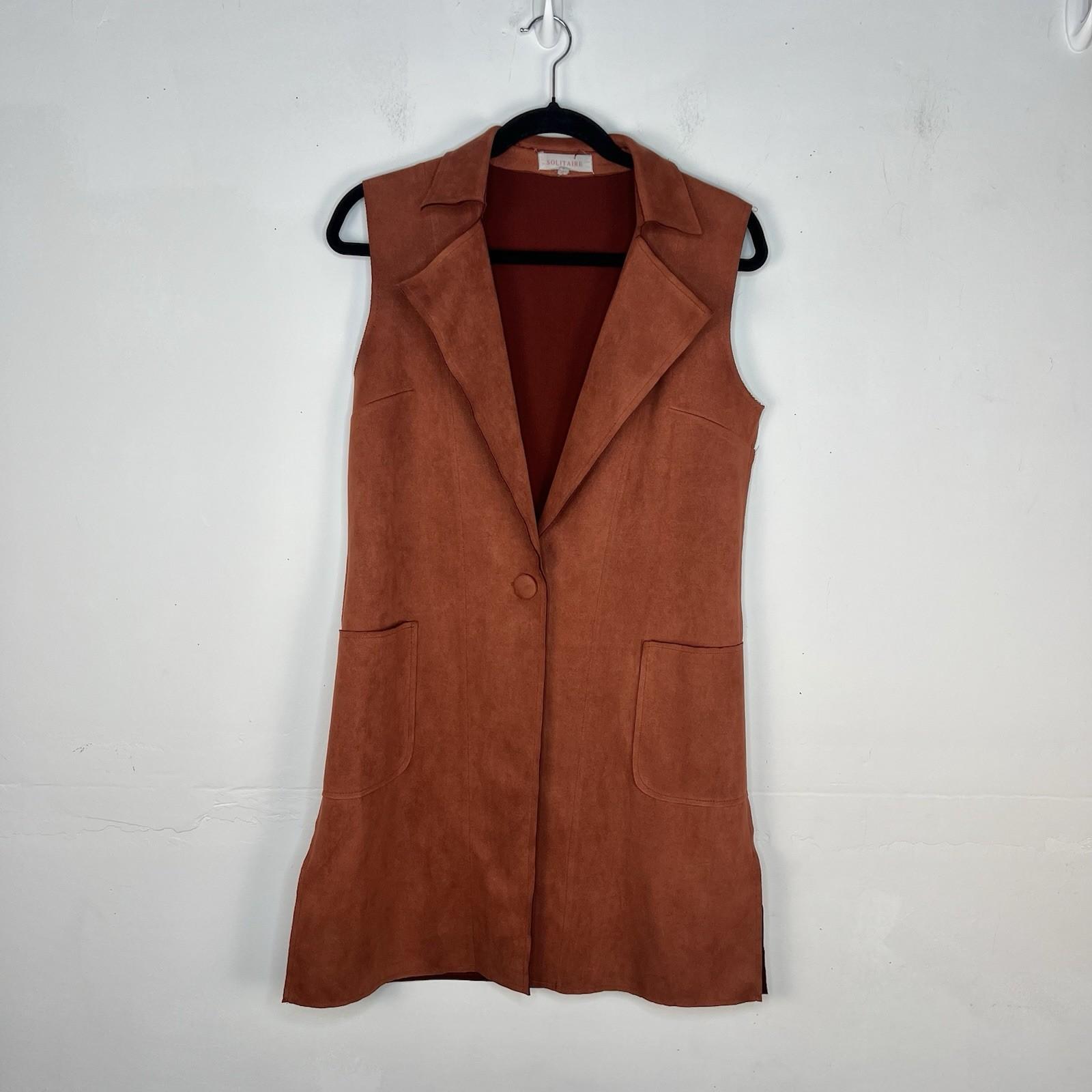 Anthropologie Solitaire Women Vest S Brown Faux Leather Duster Cognac Pockets