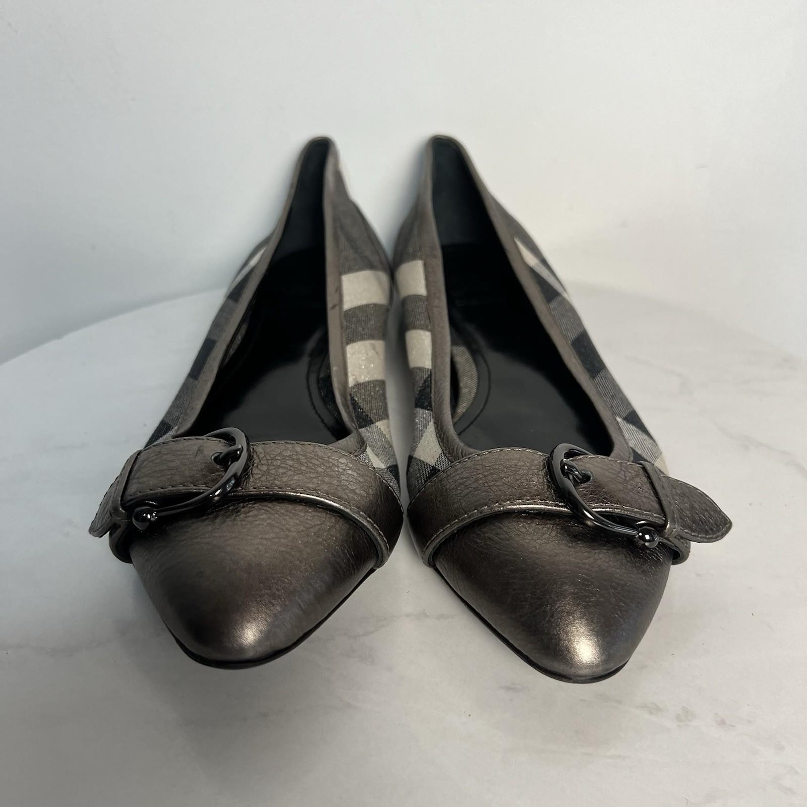 Burberry Check Pattern Metallic Toe Flat Shoes Size 40 Cap Buckle Accent