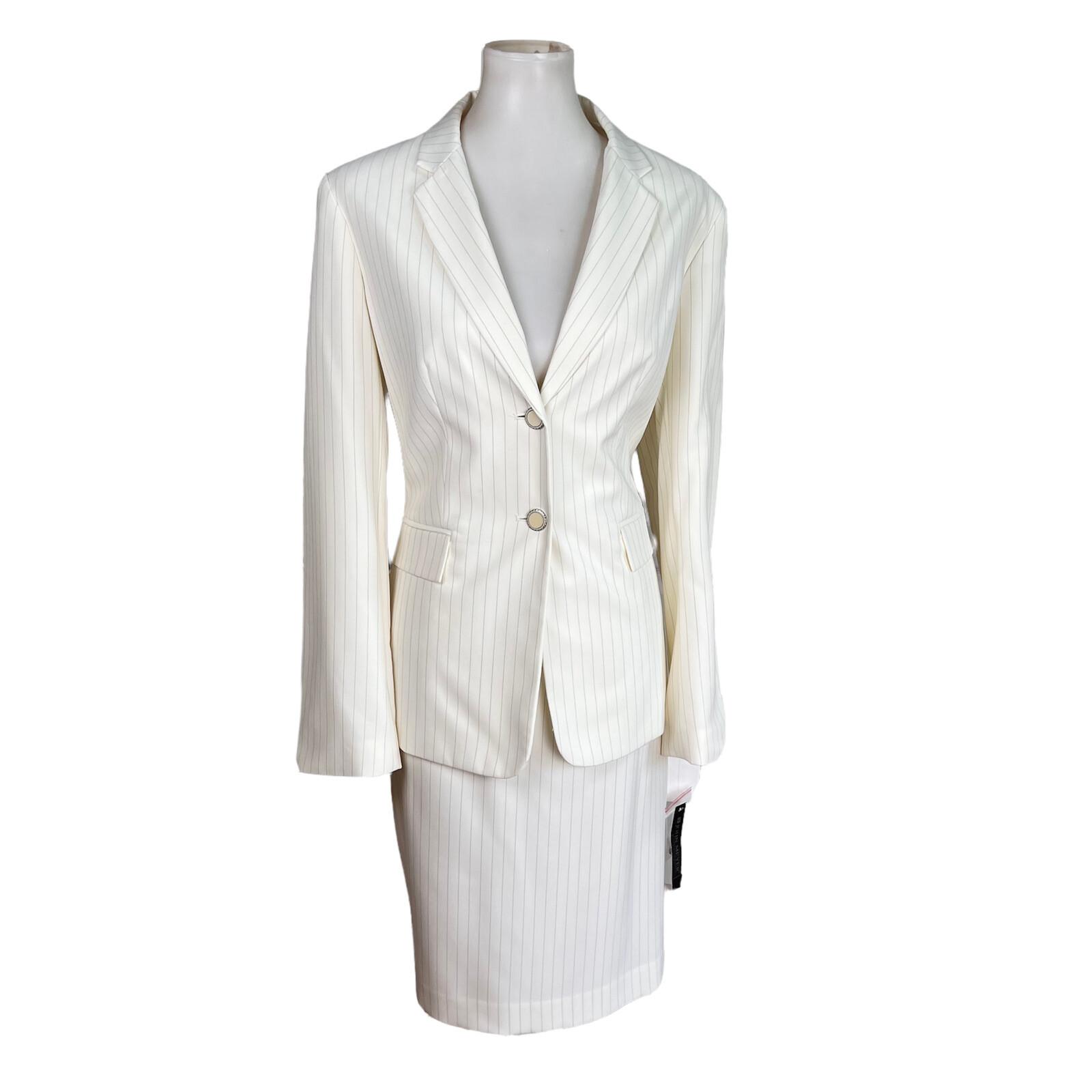 John Meyer Polyester Skirt Suit Size 10 Off White Striped Notch Collar 2PC New