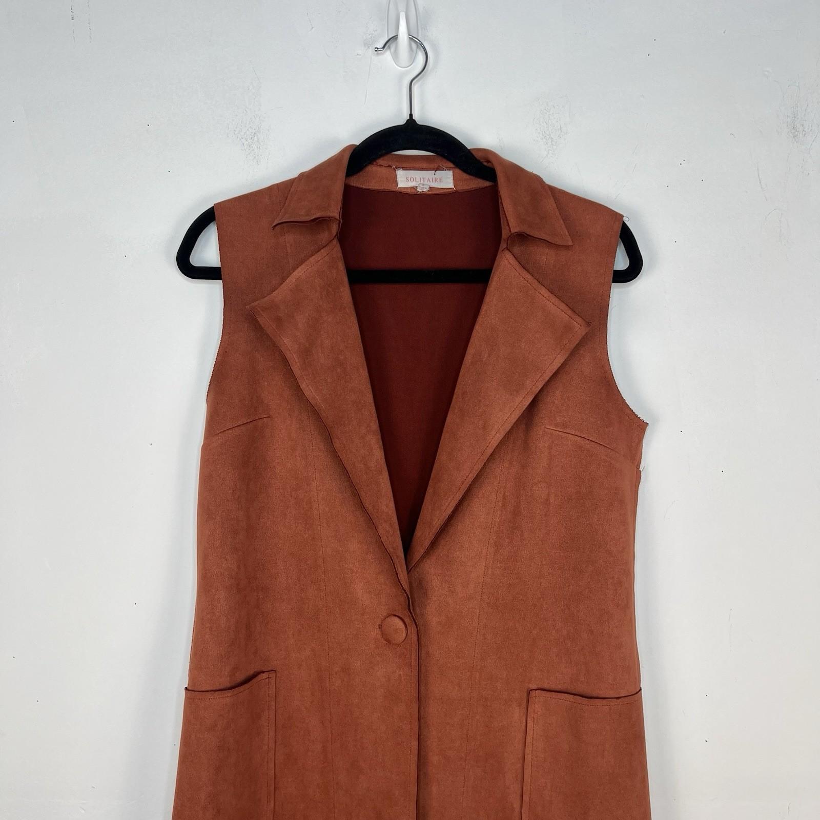 Anthropologie Solitaire Women Vest S Brown Faux Leather Duster Cognac Pockets