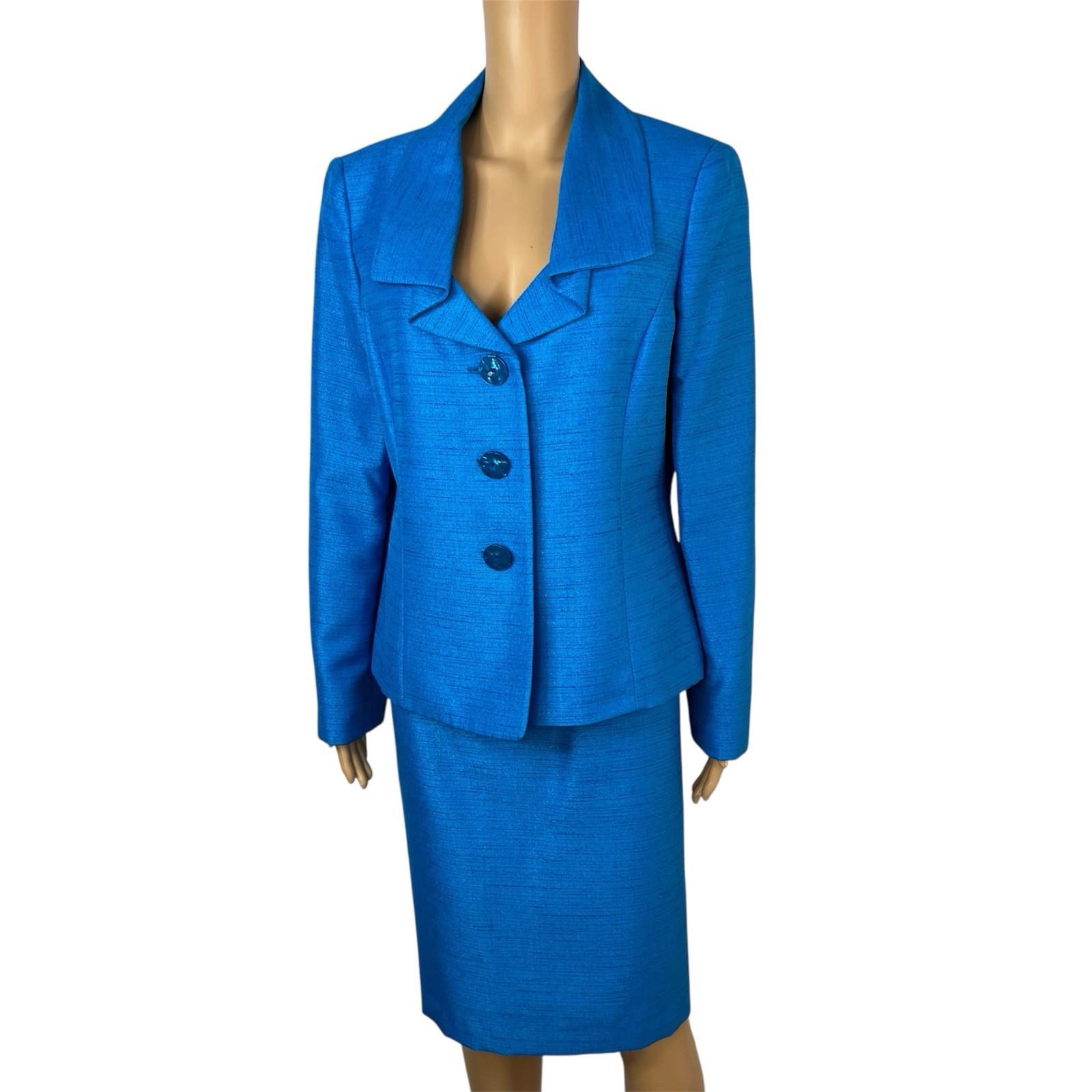 10-792.jpg Le Suit Polyester Skirt Suit 12 Blue Metallic Shawl Collar Classic 2PC Timeless