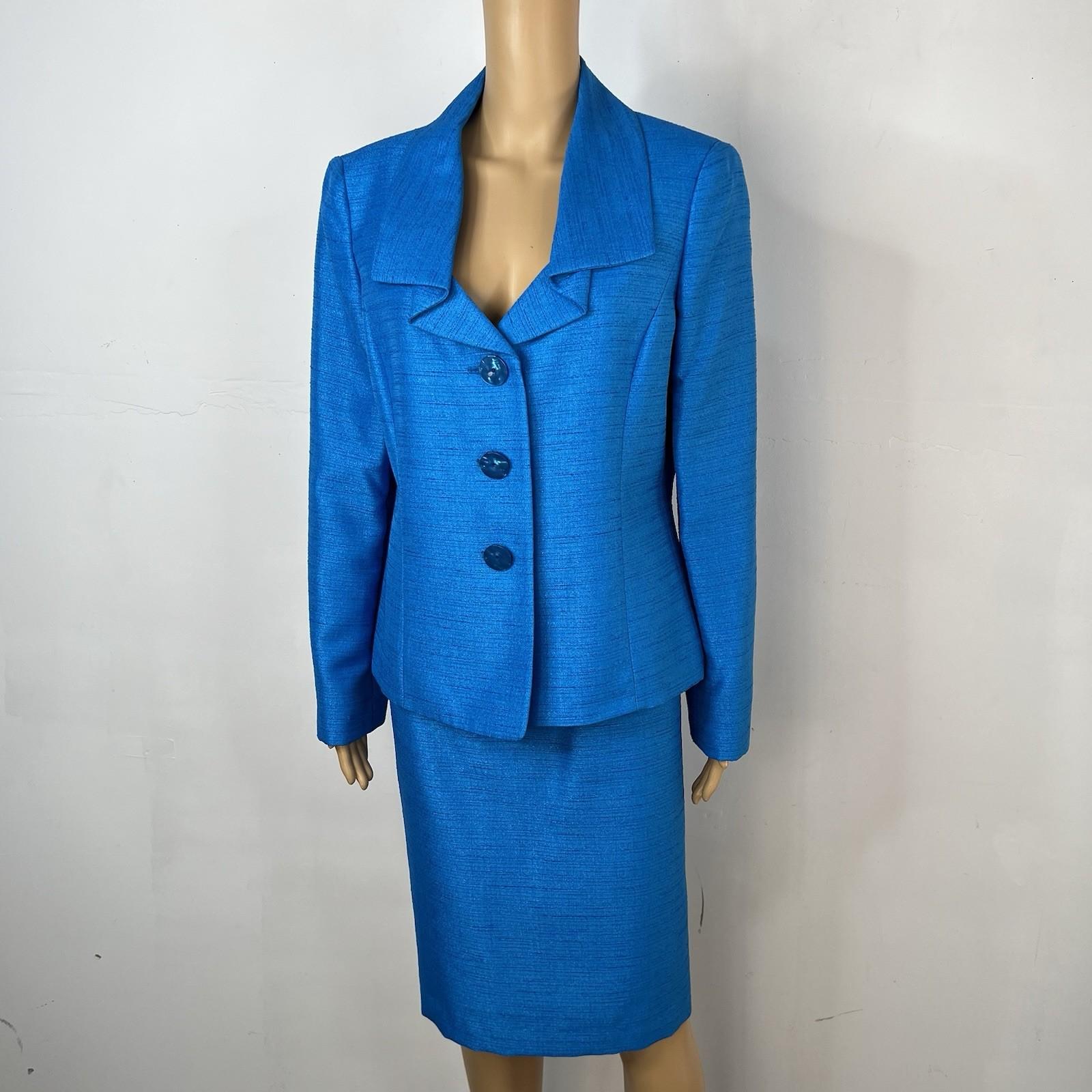 10-793.jpg Le Suit Polyester Skirt Suit 12 Blue Metallic Shawl Collar Classic 2PC Timeless