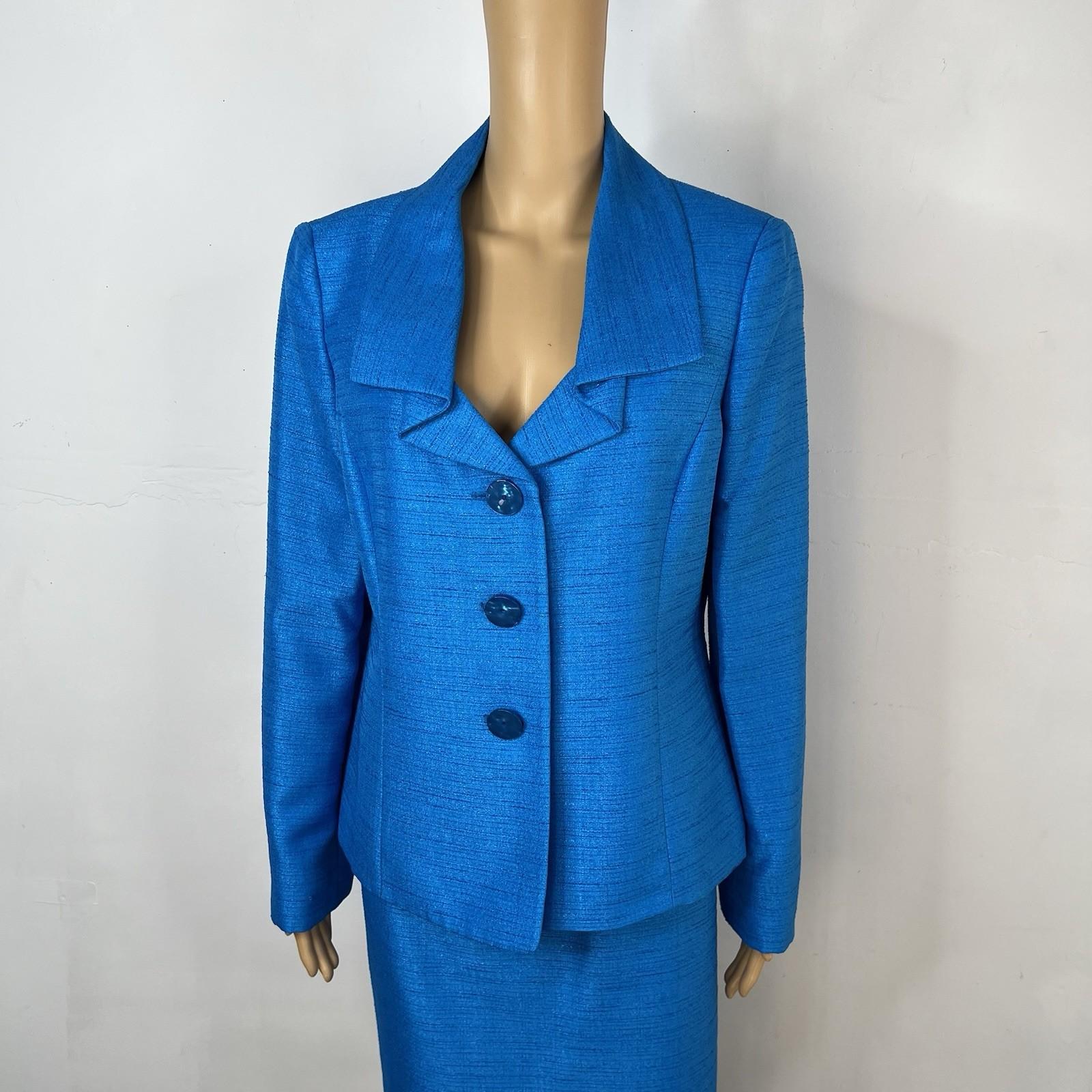 10-794.jpg Le Suit Polyester Skirt Suit 12 Blue Metallic Shawl Collar Classic 2PC Timeless