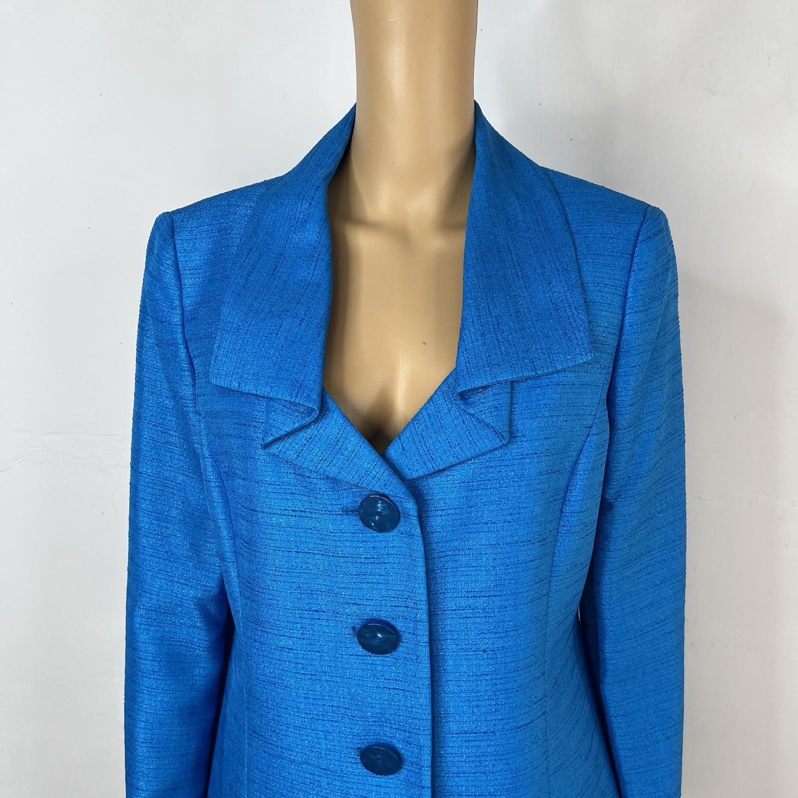 10-795.jpg Le Suit Polyester Skirt Suit 12 Blue Metallic Shawl Collar Classic 2PC Timeless