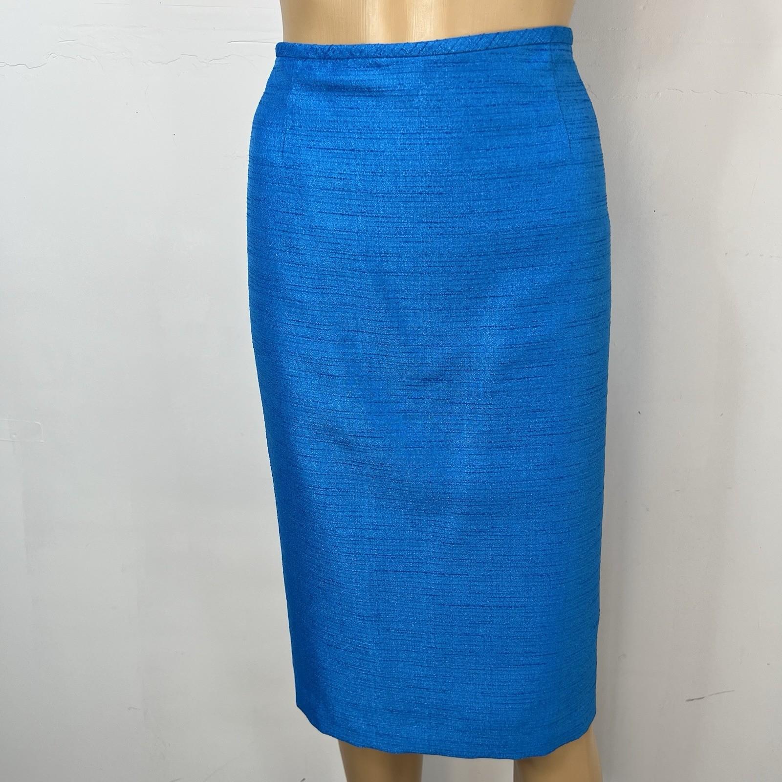 10-796.jpg Le Suit Polyester Skirt Suit 12 Blue Metallic Shawl Collar Classic 2PC Timeless
