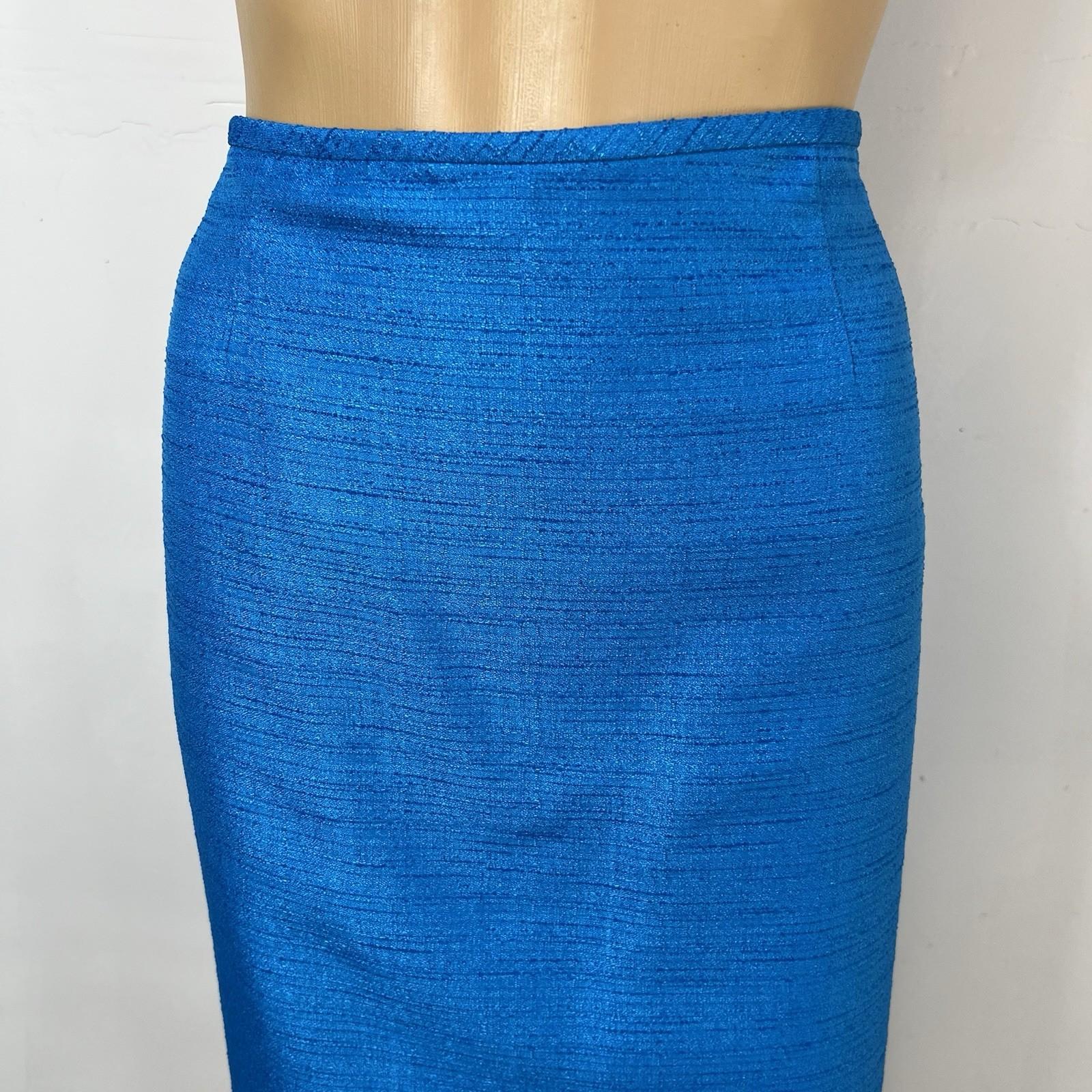 10-797.jpg Le Suit Polyester Skirt Suit 12 Blue Metallic Shawl Collar Classic 2PC Timeless