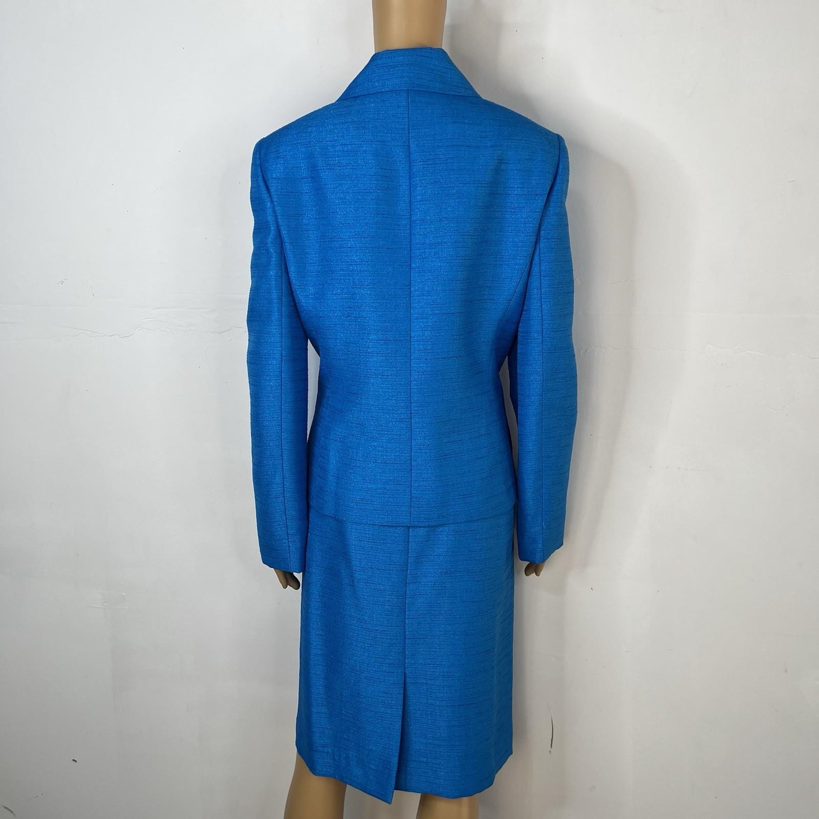 10-799.jpg Le Suit Polyester Skirt Suit 12 Blue Metallic Shawl Collar Classic 2PC Timeless