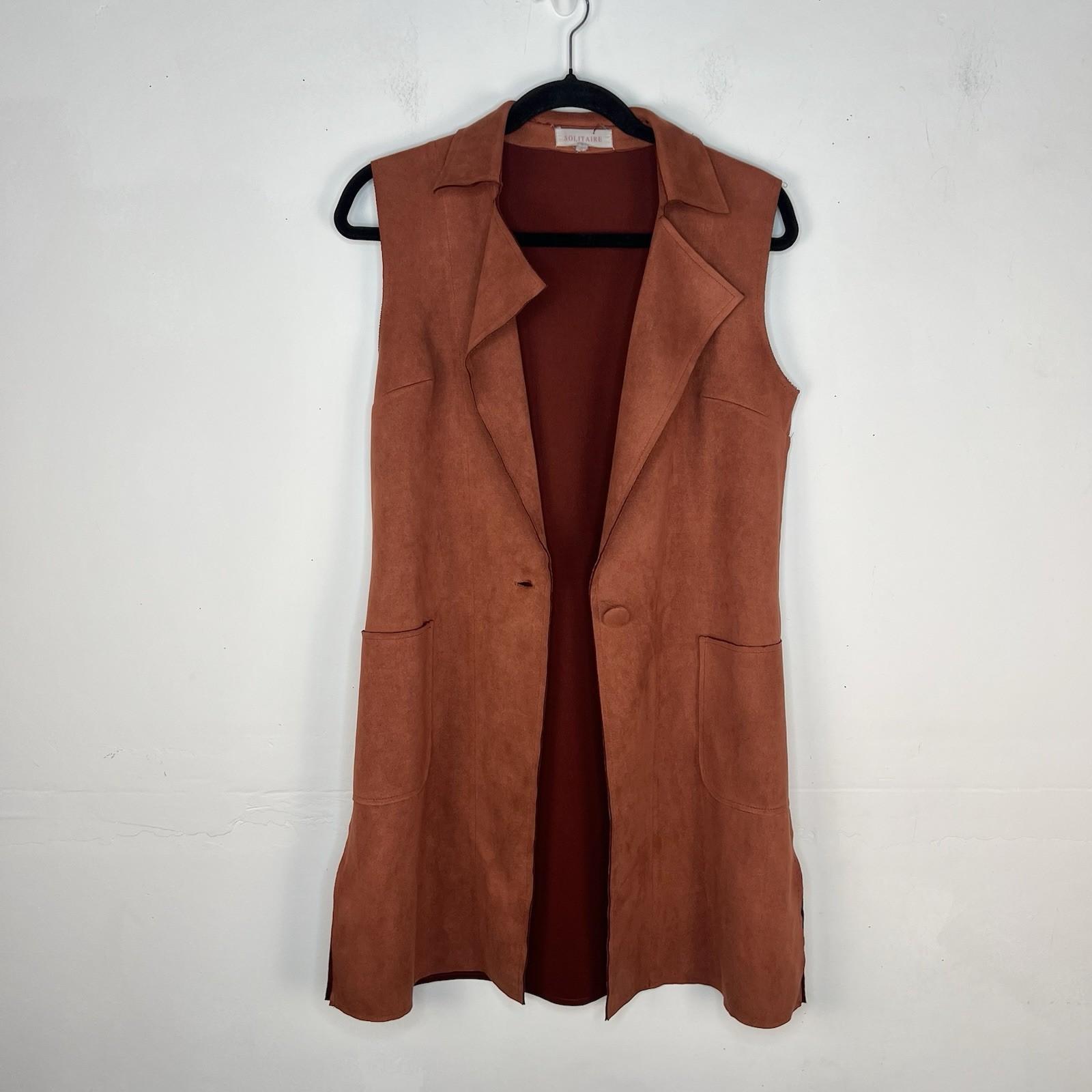 Anthropologie Solitaire Women Vest S Brown Faux Leather Duster Cognac Pockets