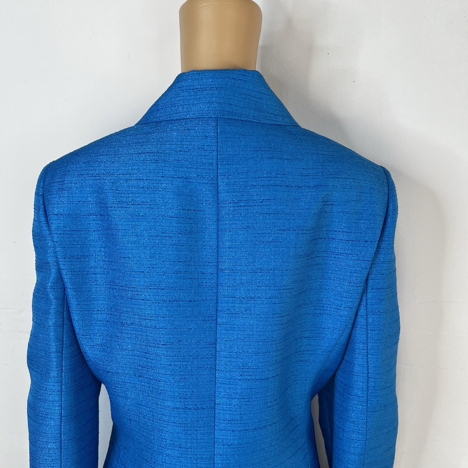 10-801.jpg Le Suit Polyester Skirt Suit 12 Blue Metallic Shawl Collar Classic 2PC Timeless
