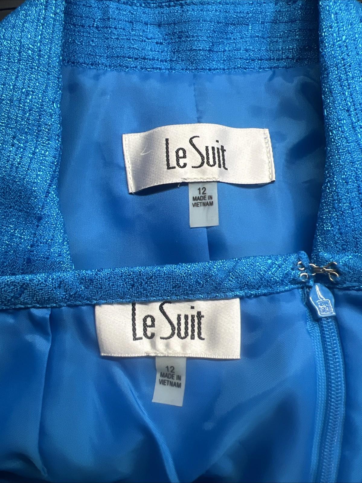 10-802.jpg Le Suit Polyester Skirt Suit 12 Blue Metallic Shawl Collar Classic 2PC Timeless