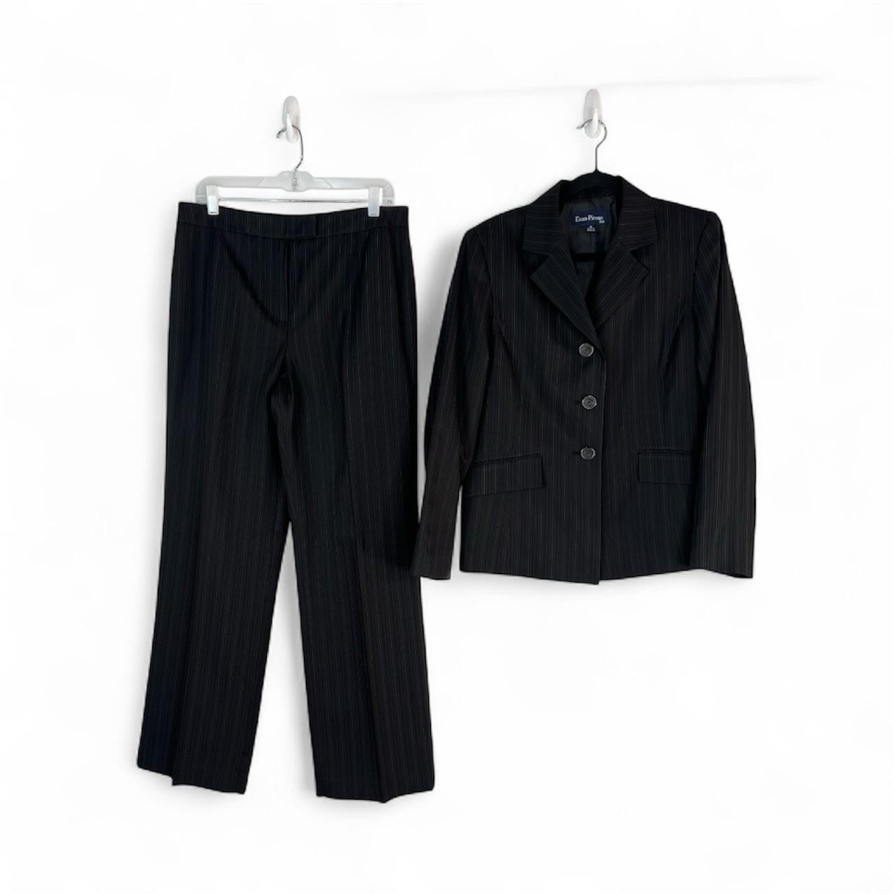 Evan Picone Polyester Pant Suit Size 10 Black Striped 2PC Belted Notch Collar