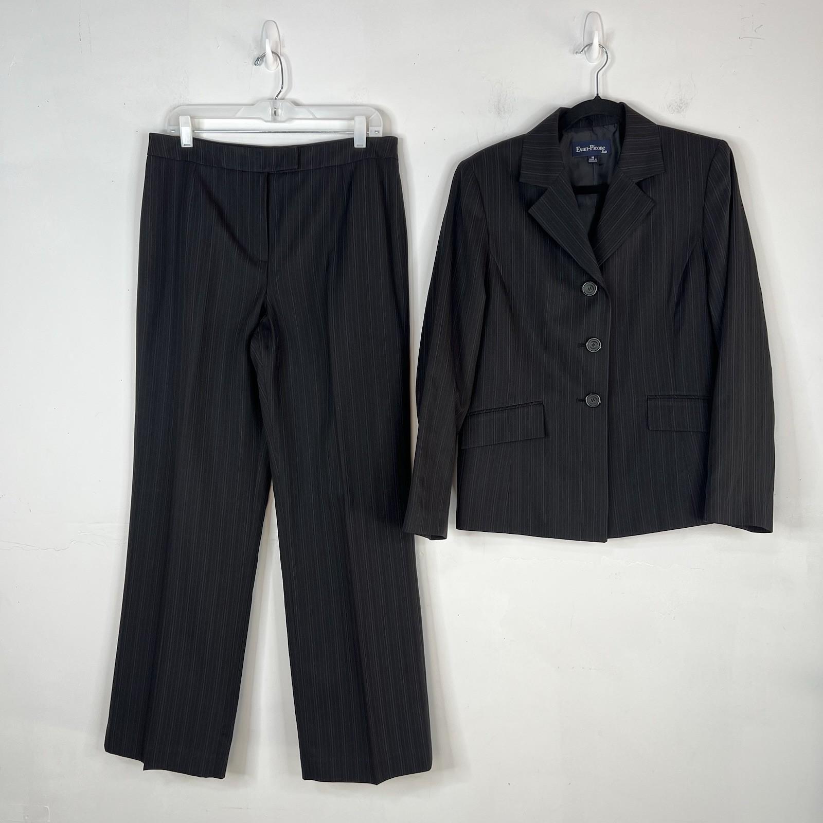 Evan Picone Polyester Pant Suit Size 10 Black Striped 2PC Belted Notch Collar