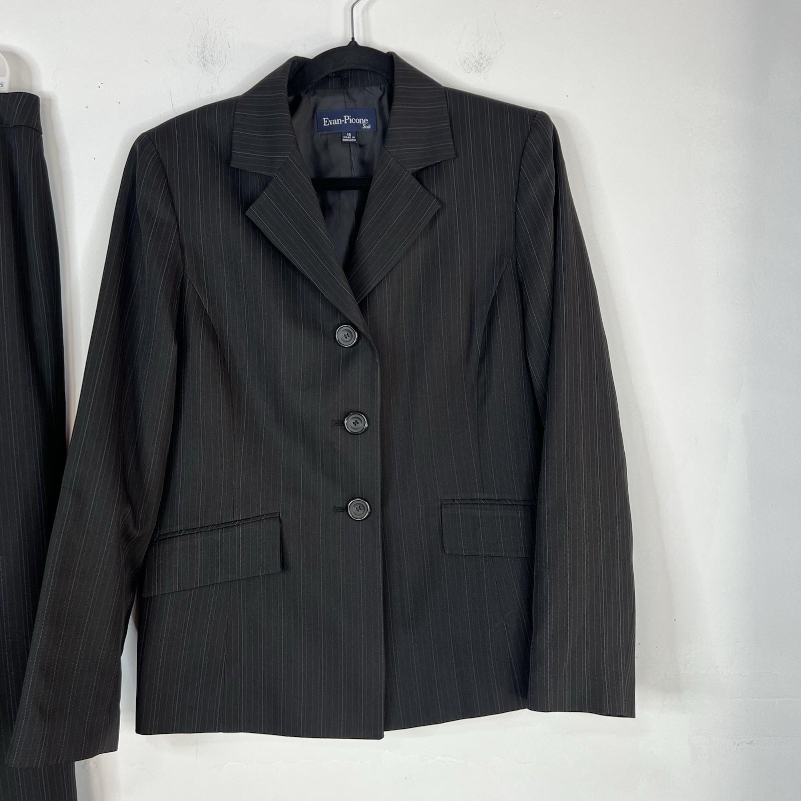 Evan Picone Polyester Pant Suit Size 10 Black Striped 2PC Belted Notch Collar