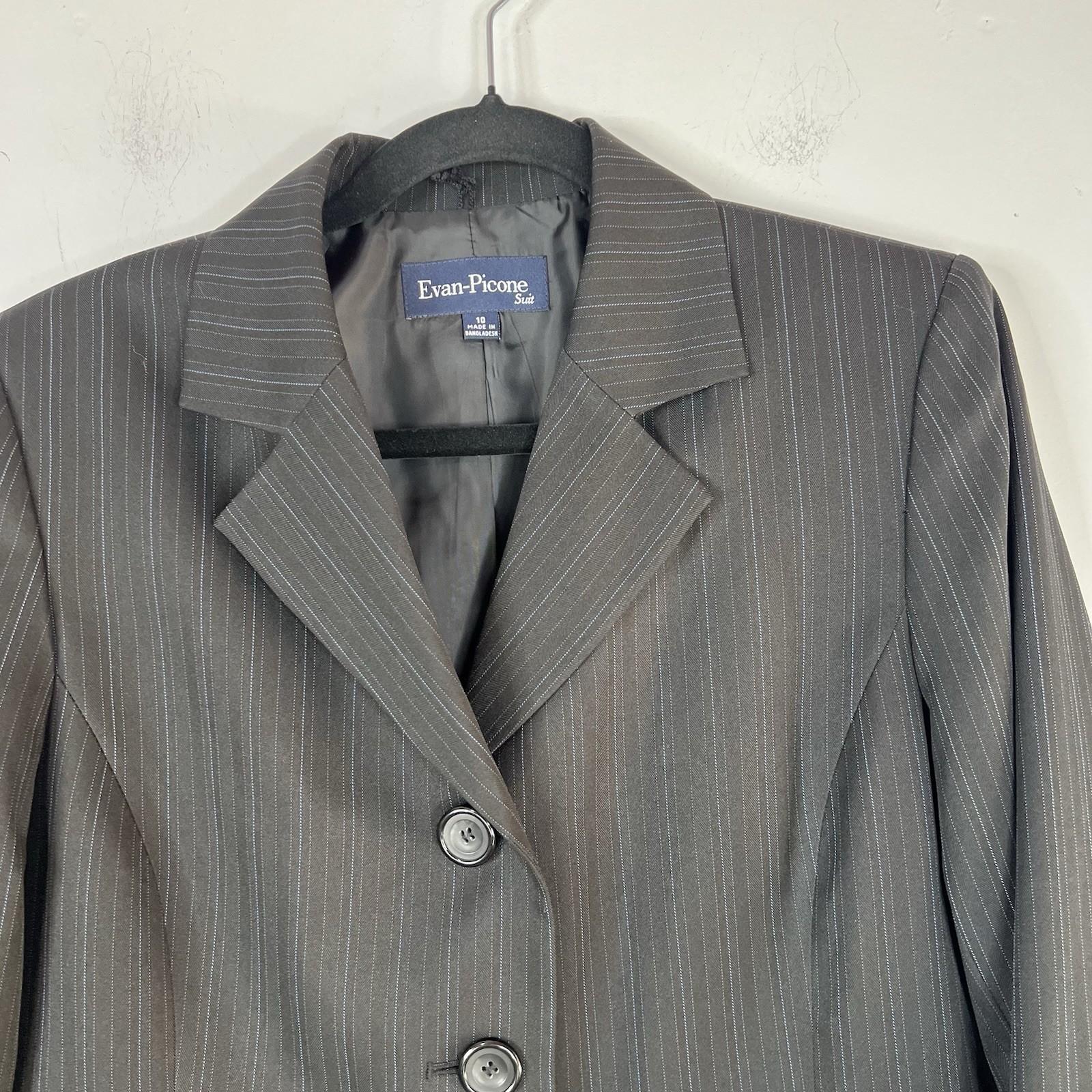 Evan Picone Polyester Pant Suit Size 10 Black Striped 2PC Belted Notch Collar