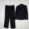 Evan Picone Polyester Pant Suit Size 10 Black Striped 2PC Belted Notch Collar