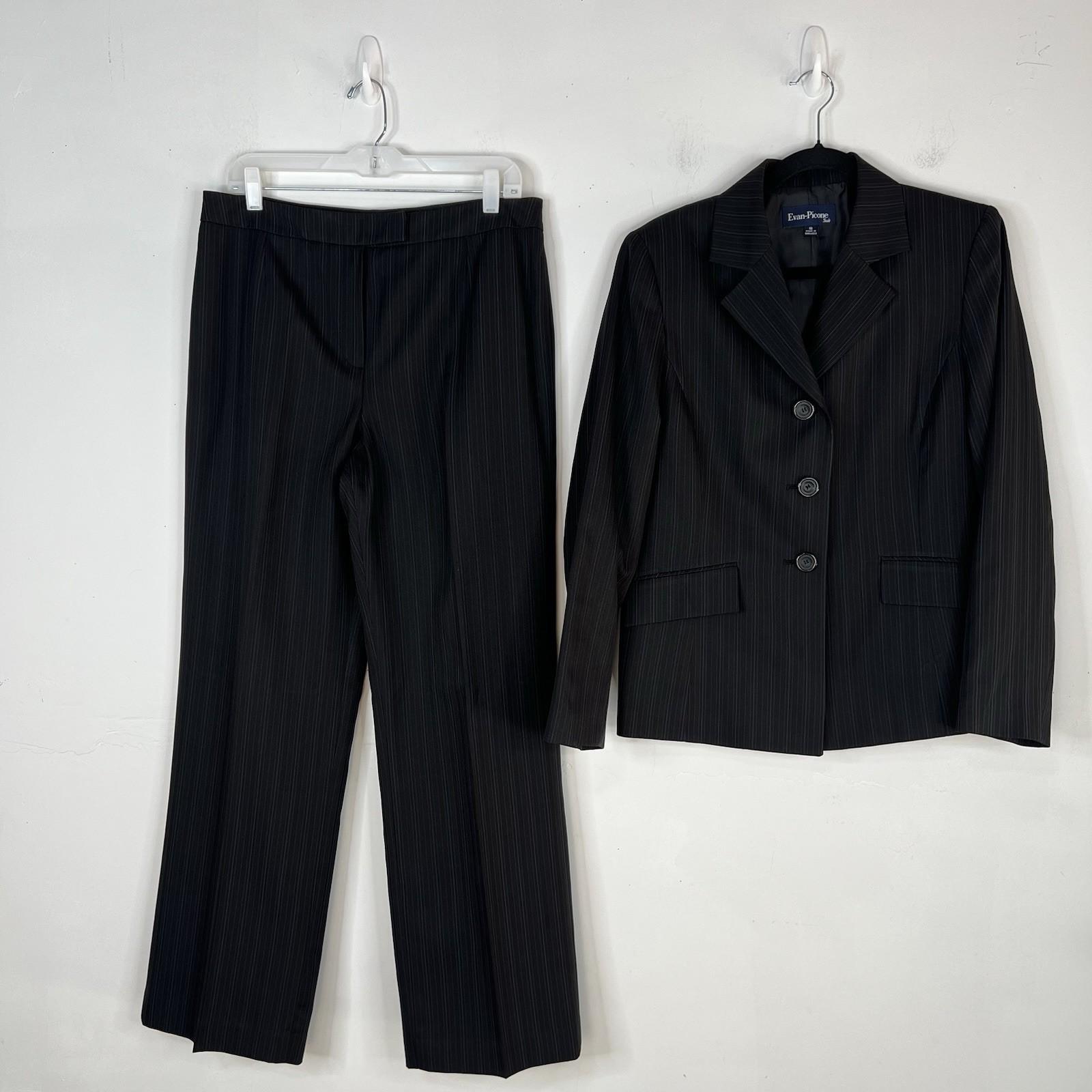 Evan Picone Polyester Pant Suit Size 10 Black Striped 2PC Belted Notch Collar