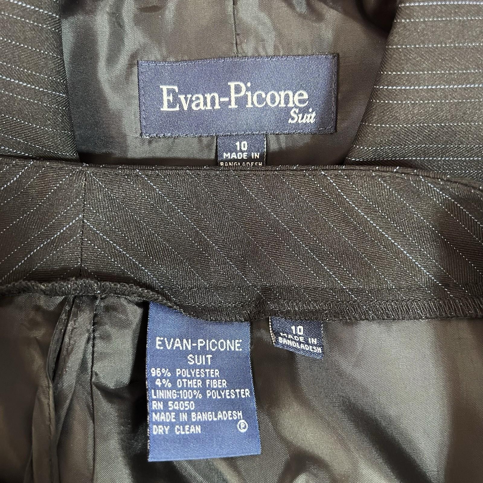 Evan Picone Polyester Pant Suit Size 10 Black Striped 2PC Belted Notch Collar