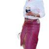 SUNA Women Studded Soft Leather Skirt Size M Burgundy Zip Up Elegant Y2K Pencil