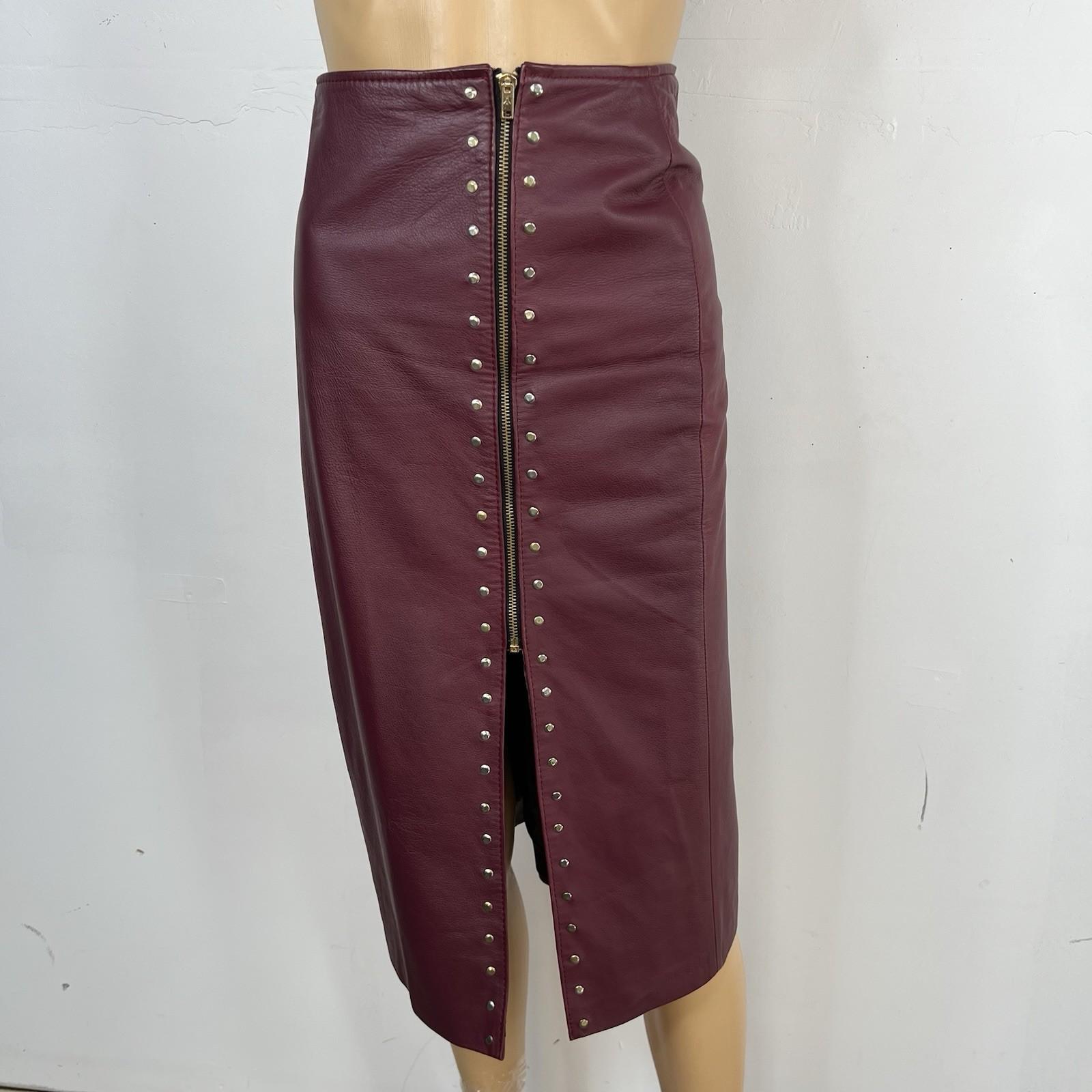 SUNA Women Studded Soft Leather Skirt Size M Burgundy Zip Up Elegant Y2K Pencil