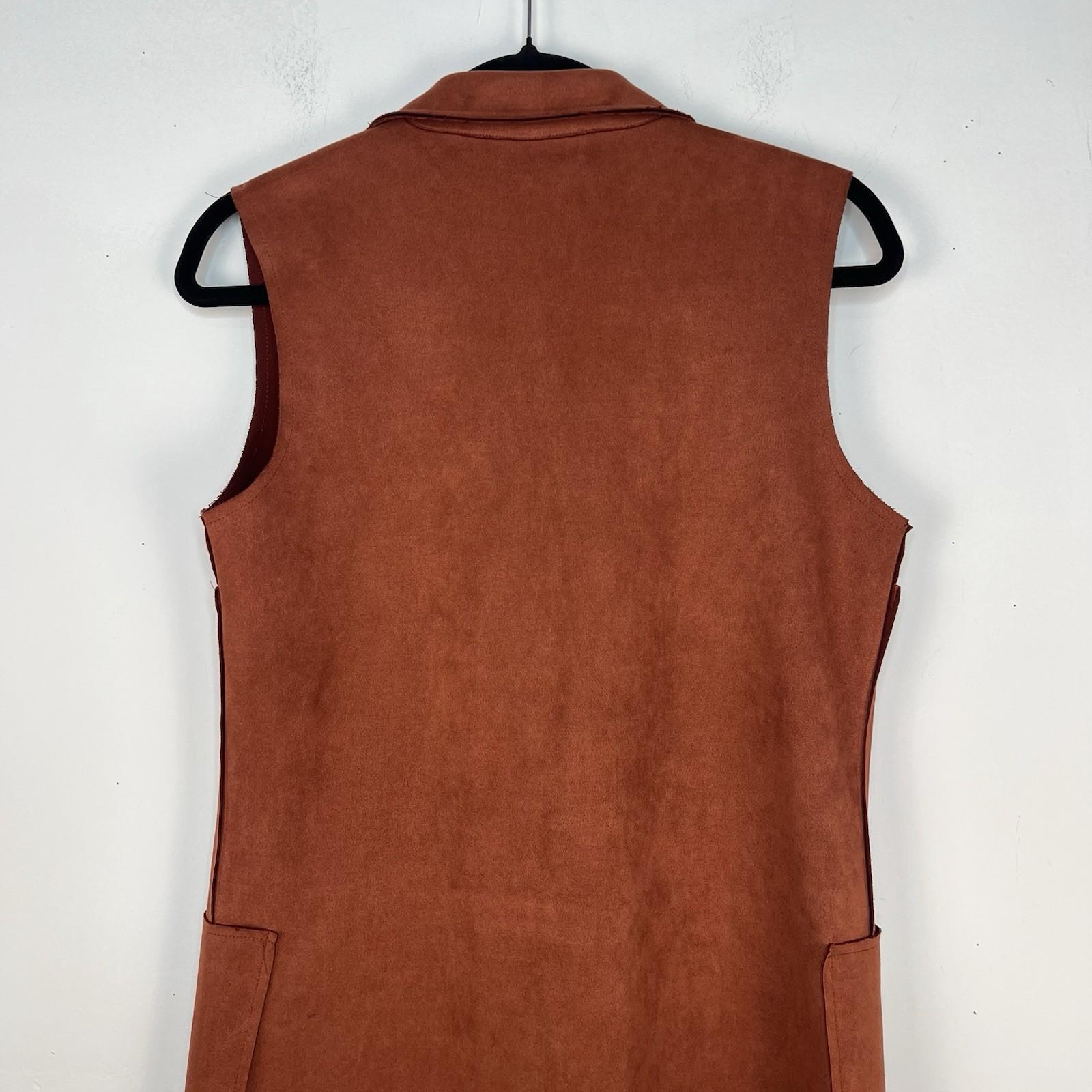 Anthropologie Solitaire Women Vest S Brown Faux Leather Duster Cognac Pockets