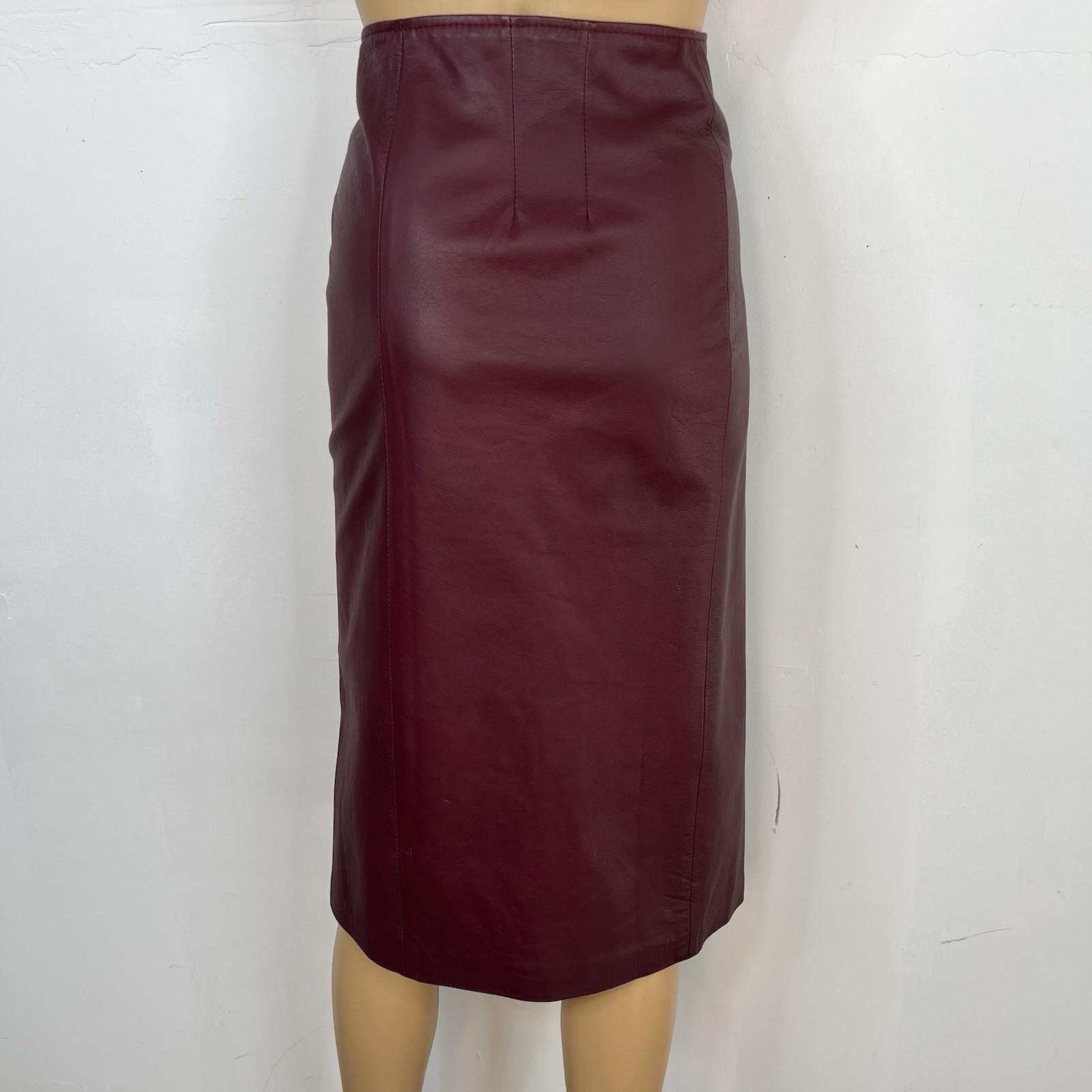 SUNA Women Studded Soft Leather Skirt Size M Burgundy Zip Up Elegant Y2K Pencil