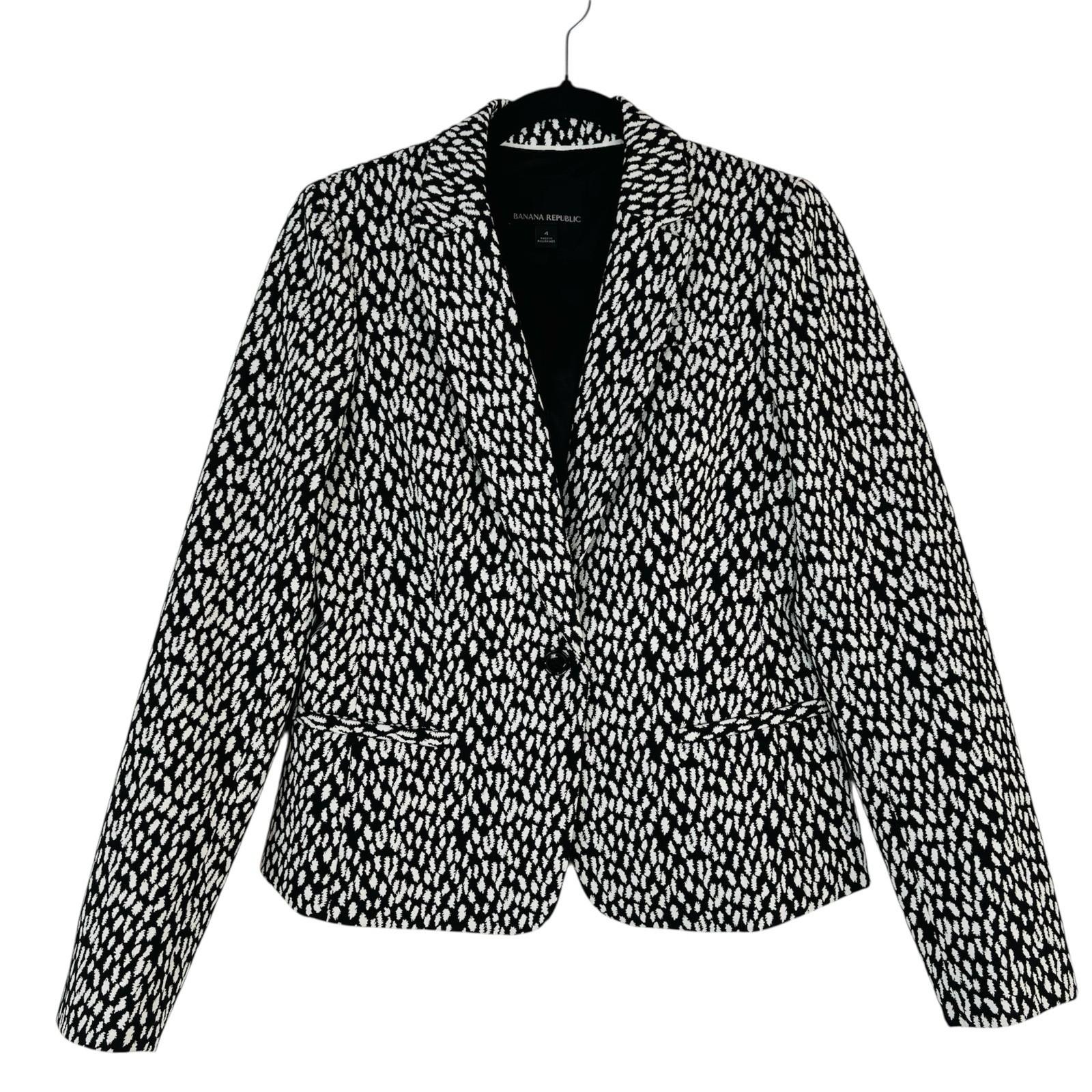 Banana Republic Cotton Polyester Blazer Size 4 Black White Notch Collar Career