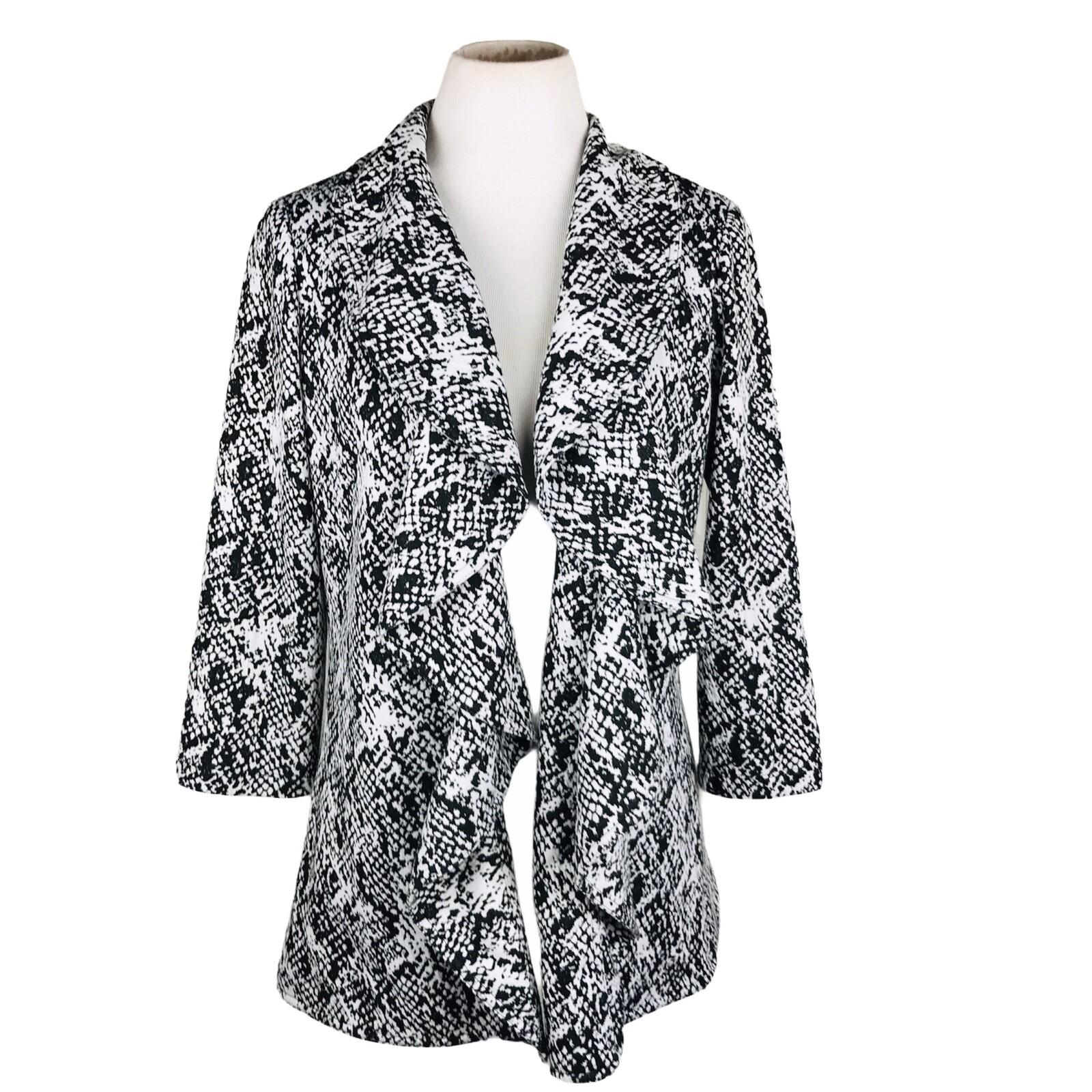 CALVIN KLEIN Women Black White Polyester Blend Open Front Ruffle Blazer Size 10